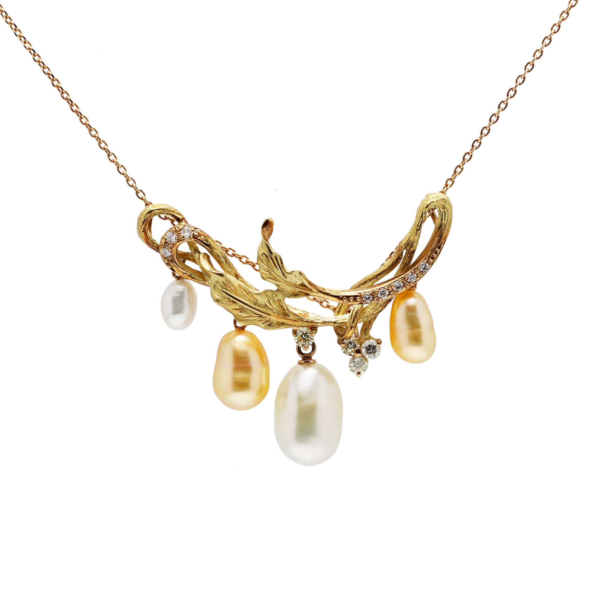 18KG 5.0-11.0mm White&Golden Natural Keshi Pearl Diamond Necklace