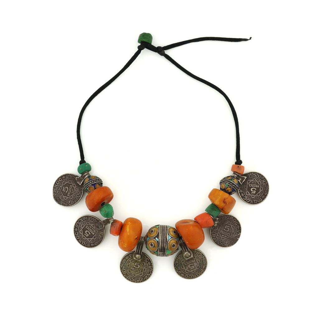 Antique Natural Untreated Butterscotch Amber Coral Glass Enamel beads with Moroccan Coins Necklace