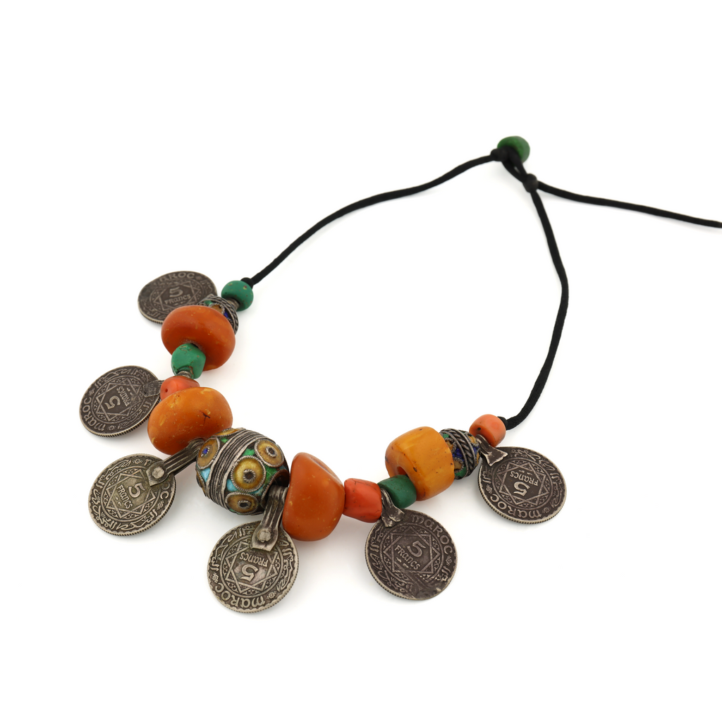 Antique Natural Untreated Butterscotch Amber Coral Glass Enamel beads with Moroccan Coins Necklace