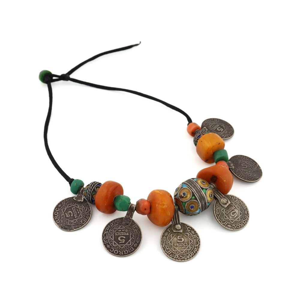 Antique Natural Untreated Butterscotch Amber Coral Glass Enamel beads with Moroccan Coins Necklace
