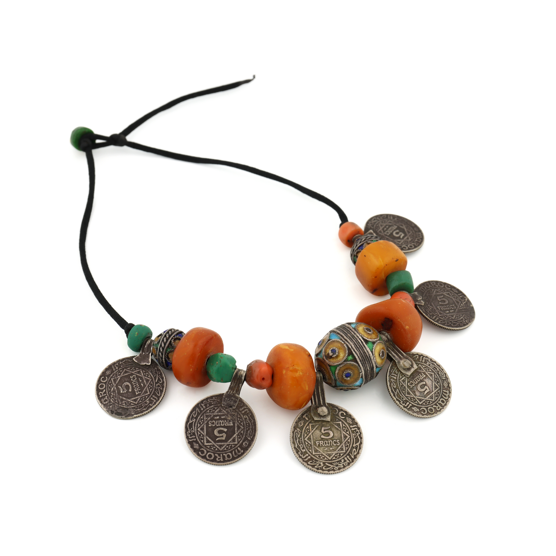 Antique Natural Untreated Butterscotch Amber Coral Glass Enamel beads with Moroccan Coins Necklace