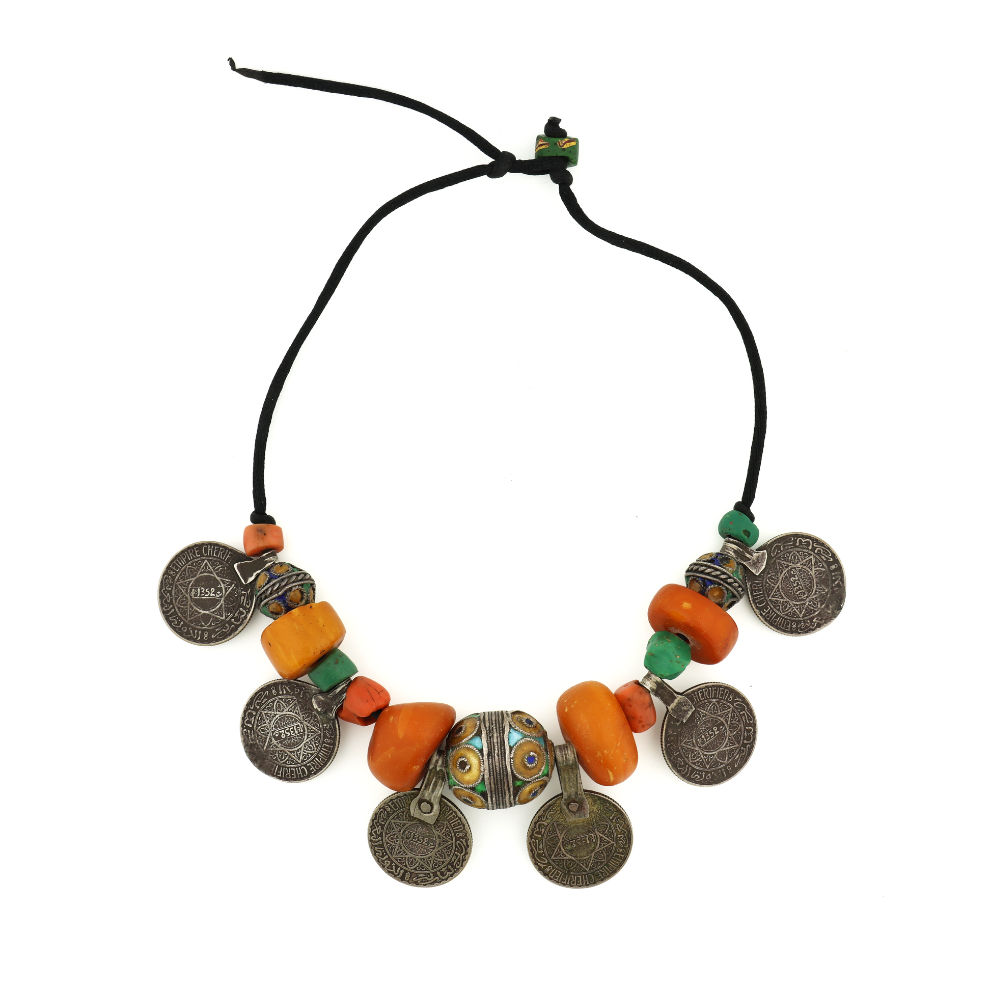 Antique Natural Untreated Butterscotch Amber Coral Glass Enamel beads with Moroccan Coins Necklace