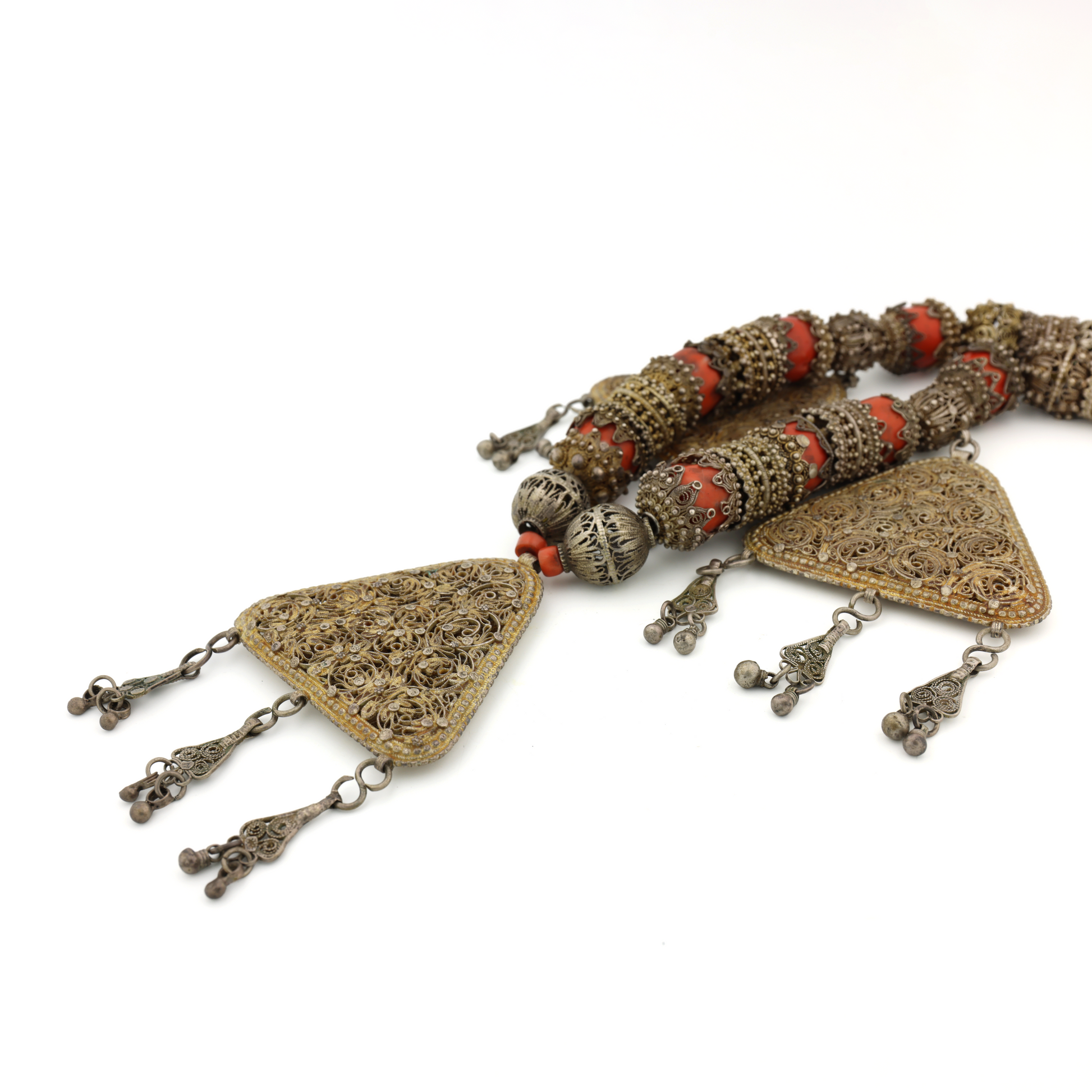 Super Rare Antique Natural Untreated Coral Gold Wash Filigree Silver Necklace from Thai's Royal Family