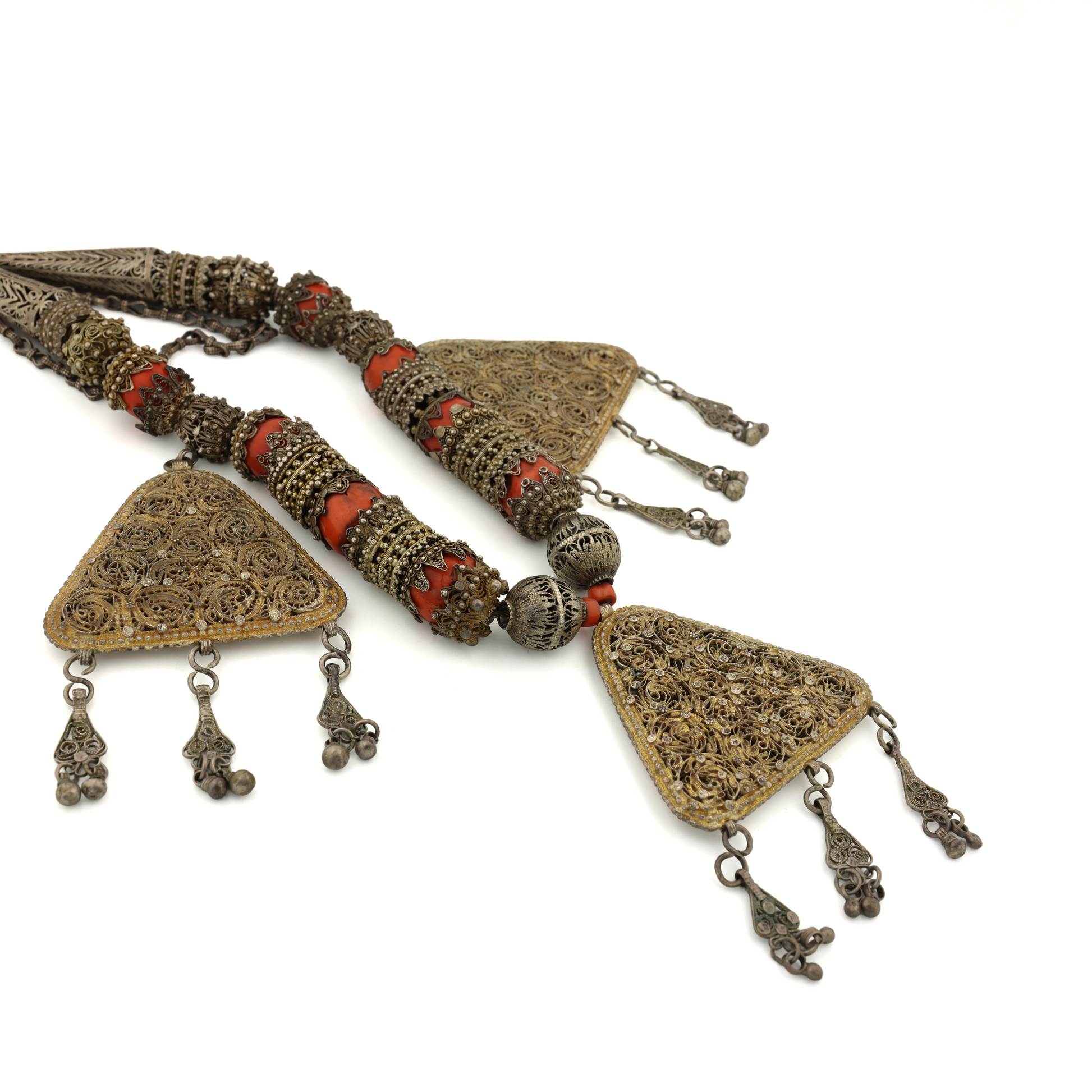 Super Rare Antique Natural Untreated Coral Gold Wash Filigree Silver Necklace from Thai's Royal Family