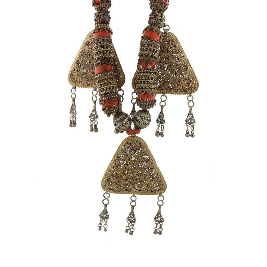 Super Rare Antique Natural Untreated Coral Gold Wash Filigree Silver Necklace from Thai's Royal Family
