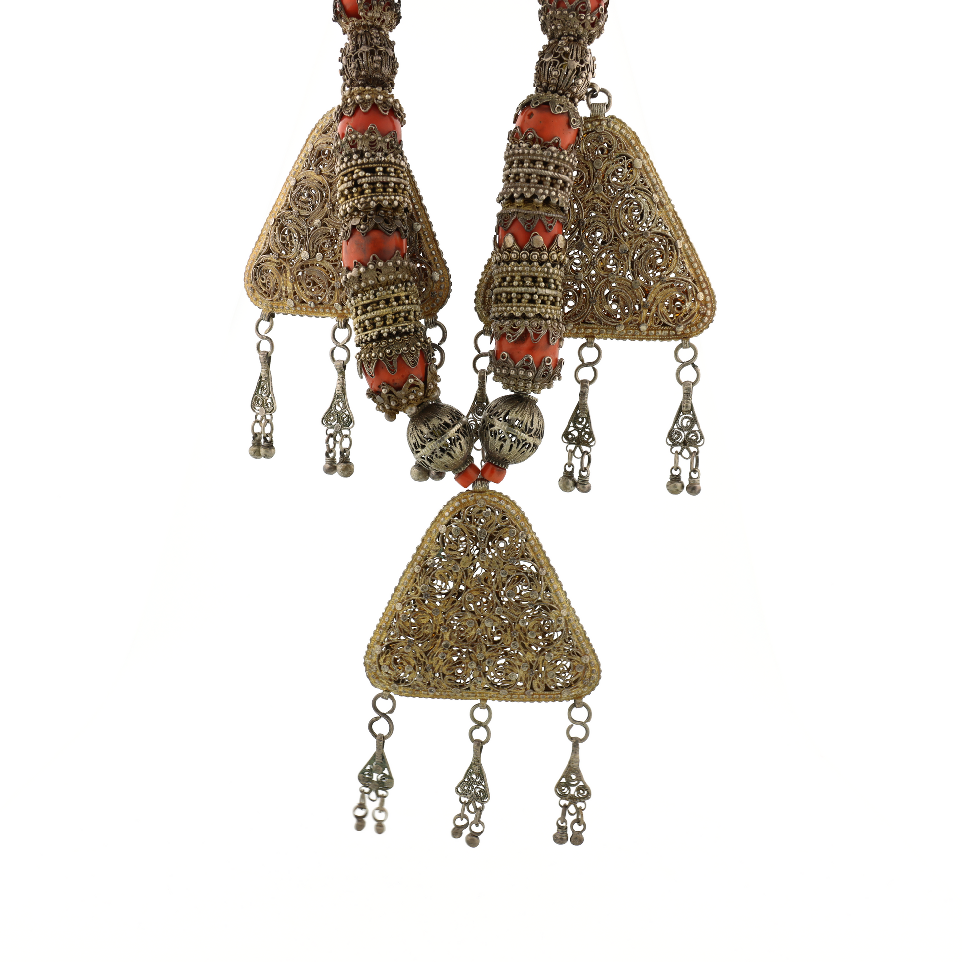 Super Rare Antique Natural Untreated Coral Gold Wash Filigree Silver Necklace from Thai's Royal Family