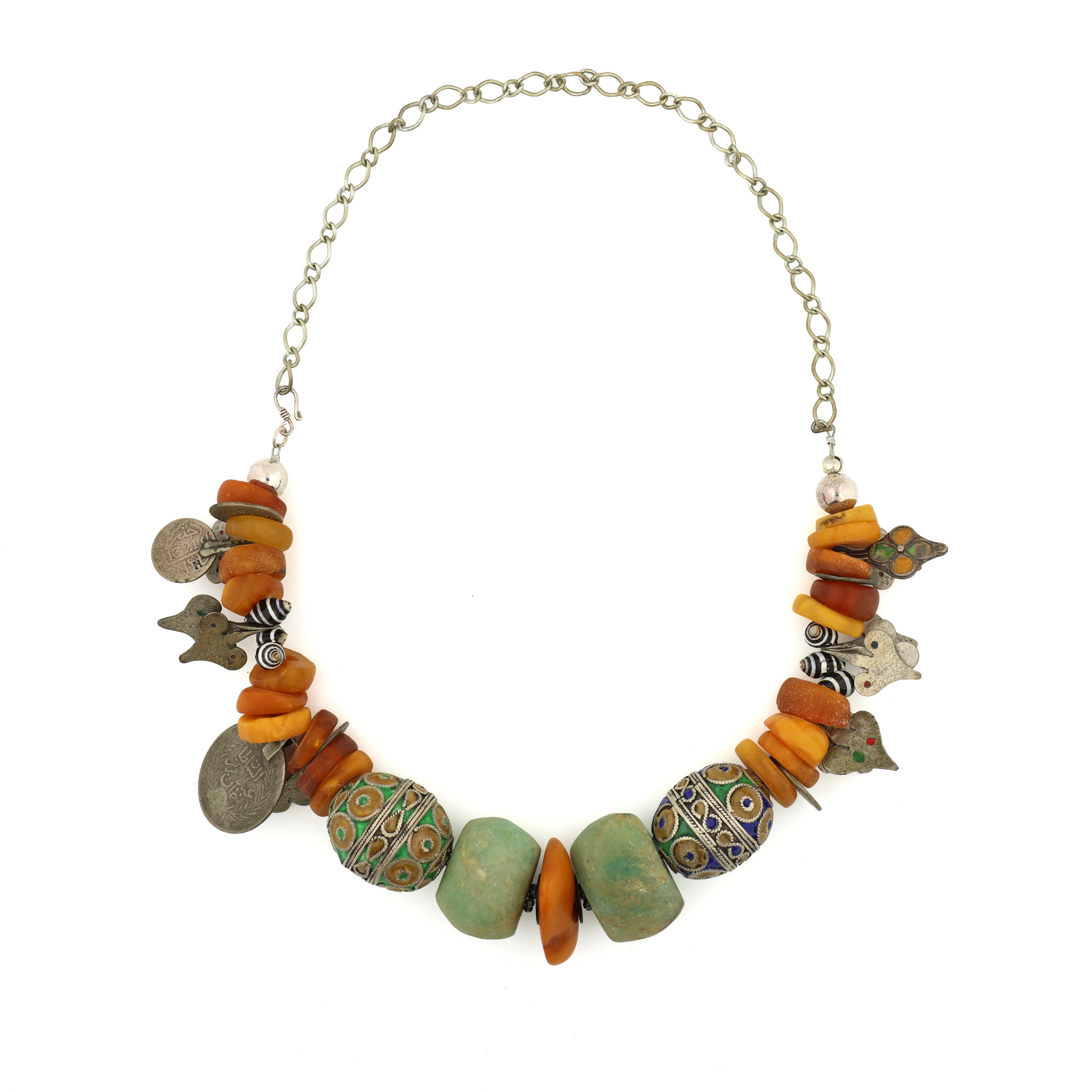 Antique Natural Untreated Butterscotch Amber Amazonite Enamel Shell Beads with Old Coins Silver Necklace