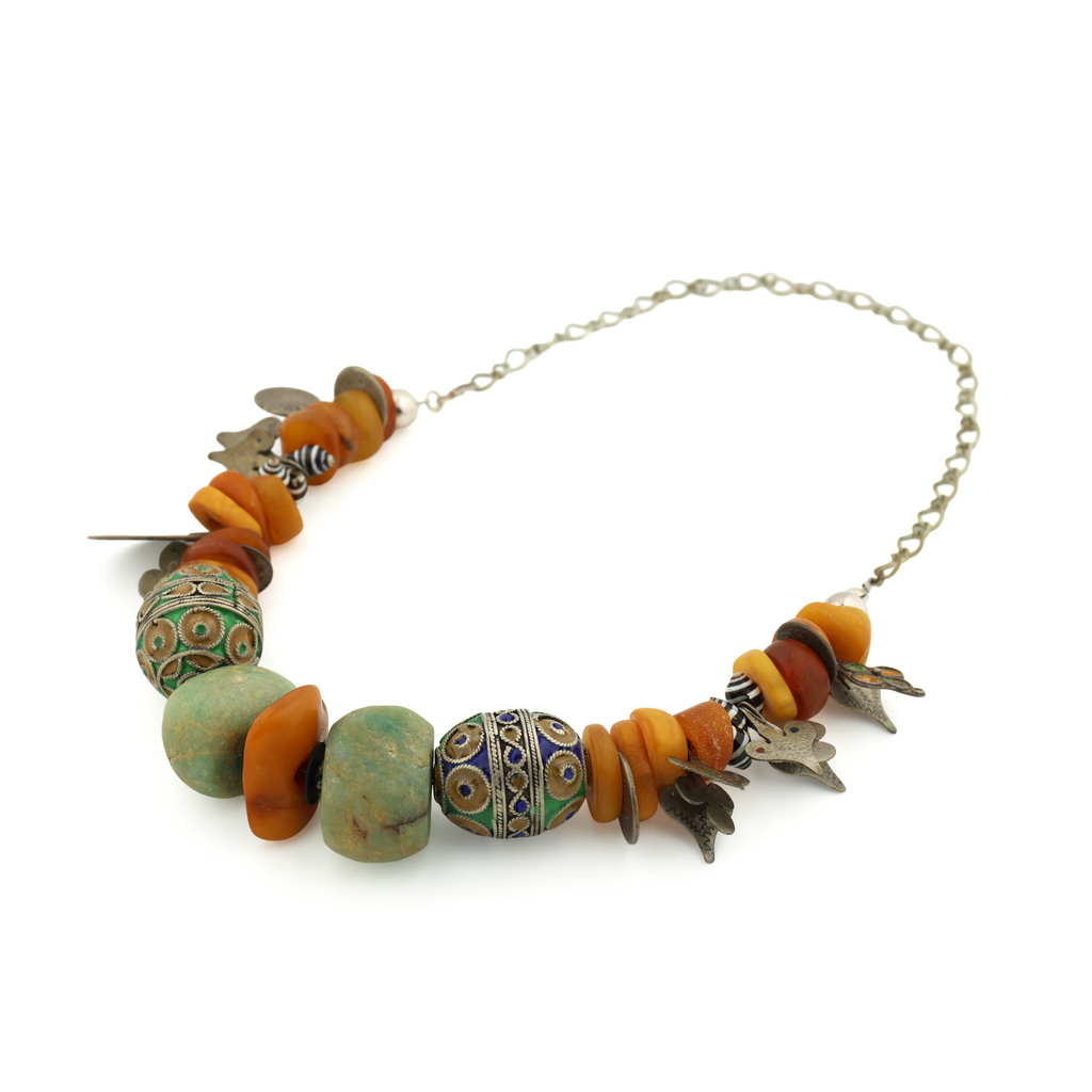 Antique Natural Untreated Butterscotch Amber Amazonite Enamel Shell Beads with Old Coins Silver Necklace