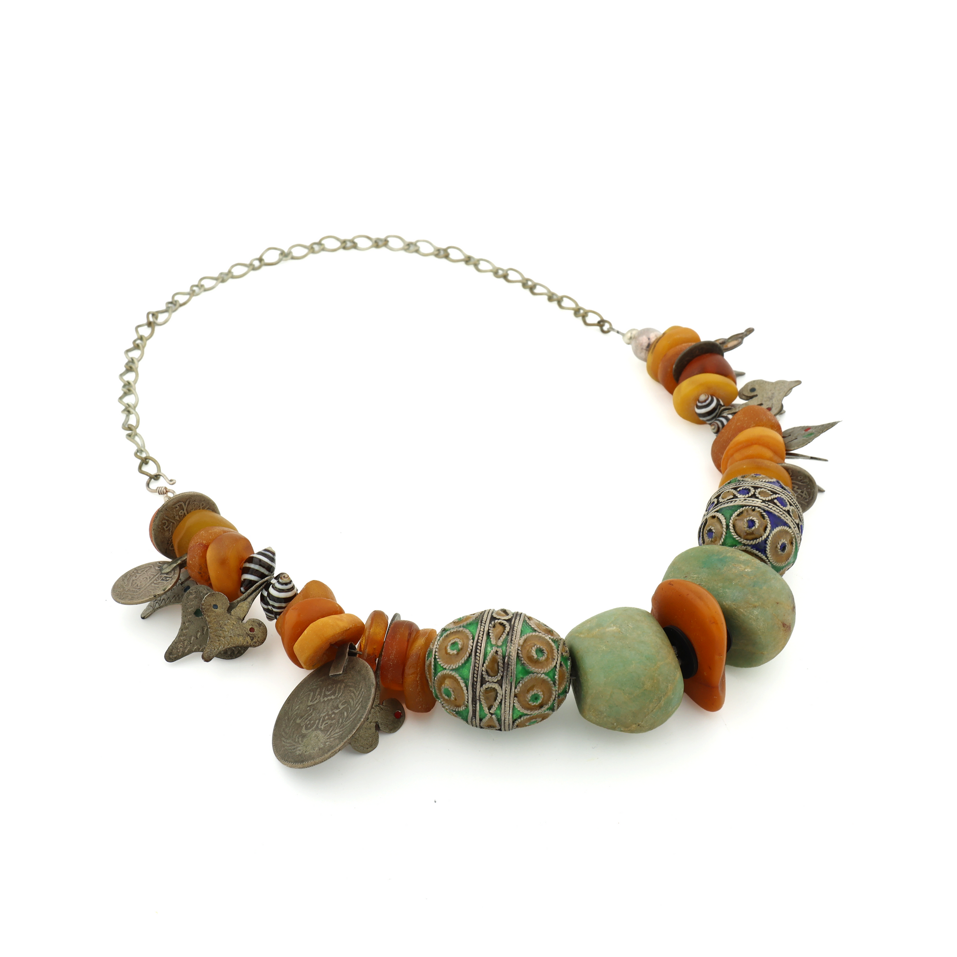 Antique Natural Untreated Butterscotch Amber Amazonite Enamel Shell Beads with Old Coins Silver Necklace