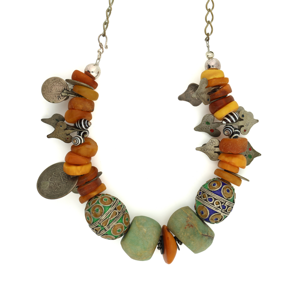 Antique Natural Untreated Butterscotch Amber Amazonite Enamel Shell Beads with Old Coins Silver Necklace