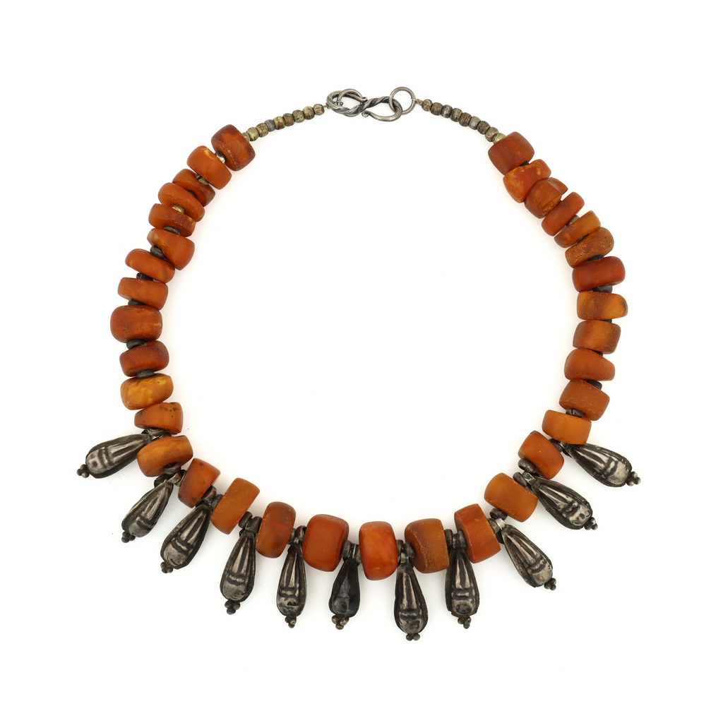 Antique Natural Untreated Butterscotch Amber and Old Silver Beads Tribal Necklace