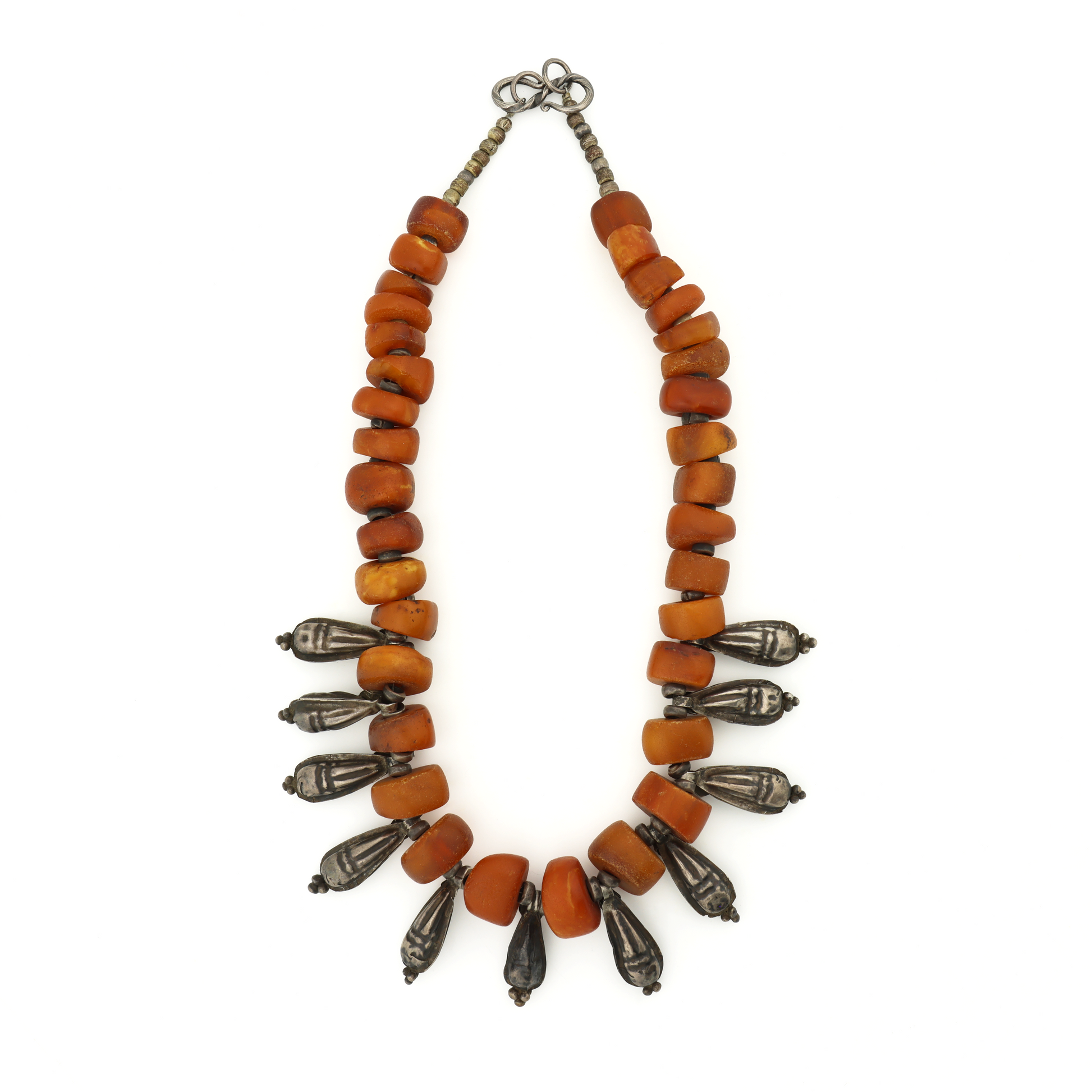 Antique Natural Untreated Butterscotch Amber and Old Silver Beads Tribal Necklace