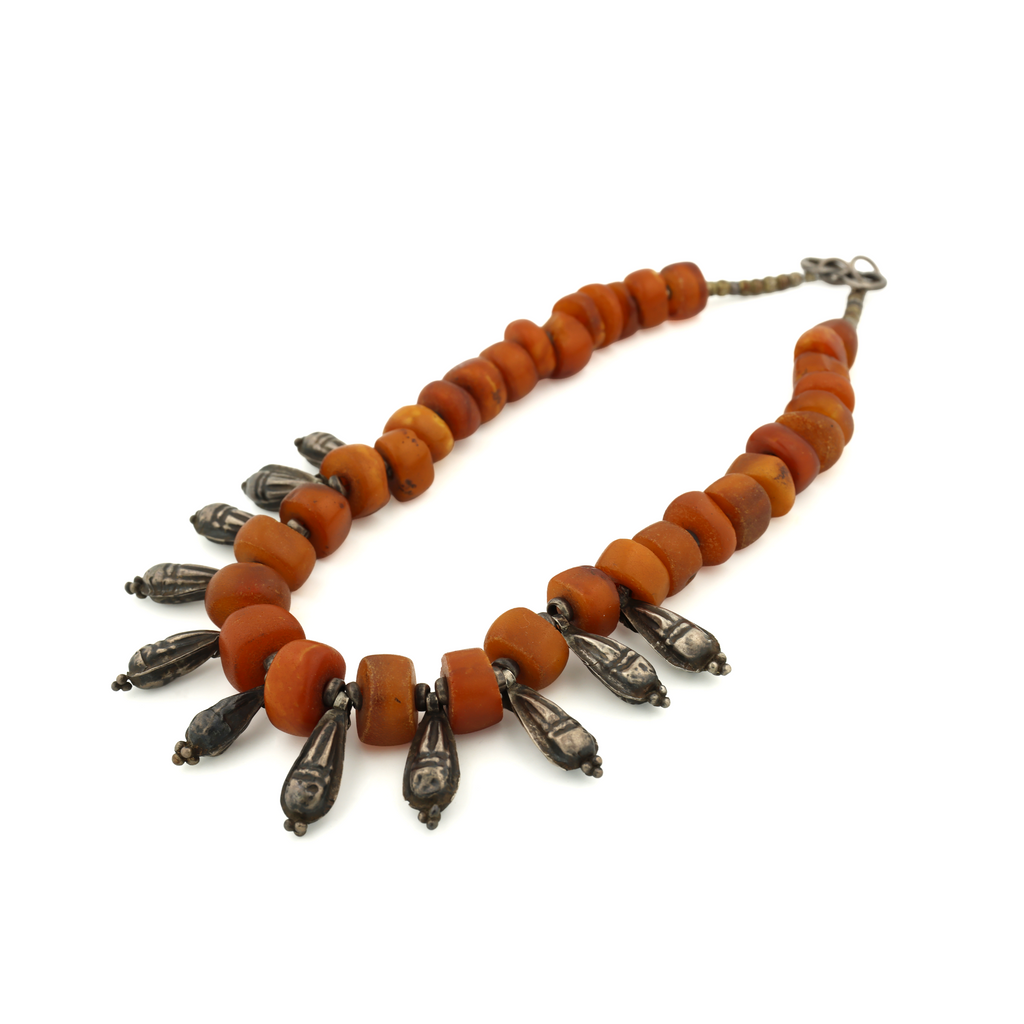 Antique Natural Untreated Butterscotch Amber and Old Silver Beads Tribal Necklace