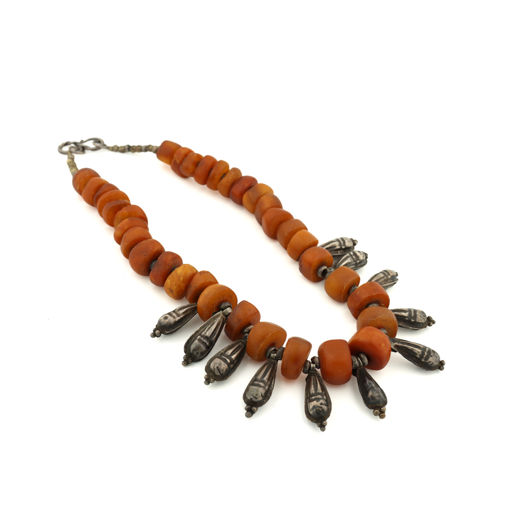Antique Natural Untreated Butterscotch Amber and Old Silver Beads Tribal Necklace