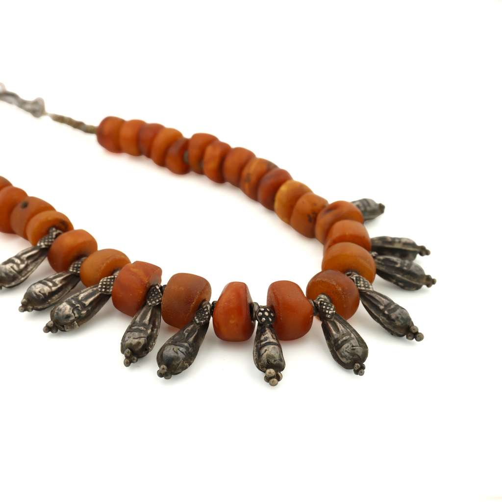 Antique Natural Untreated Butterscotch Amber and Old Silver Beads Tribal Necklace