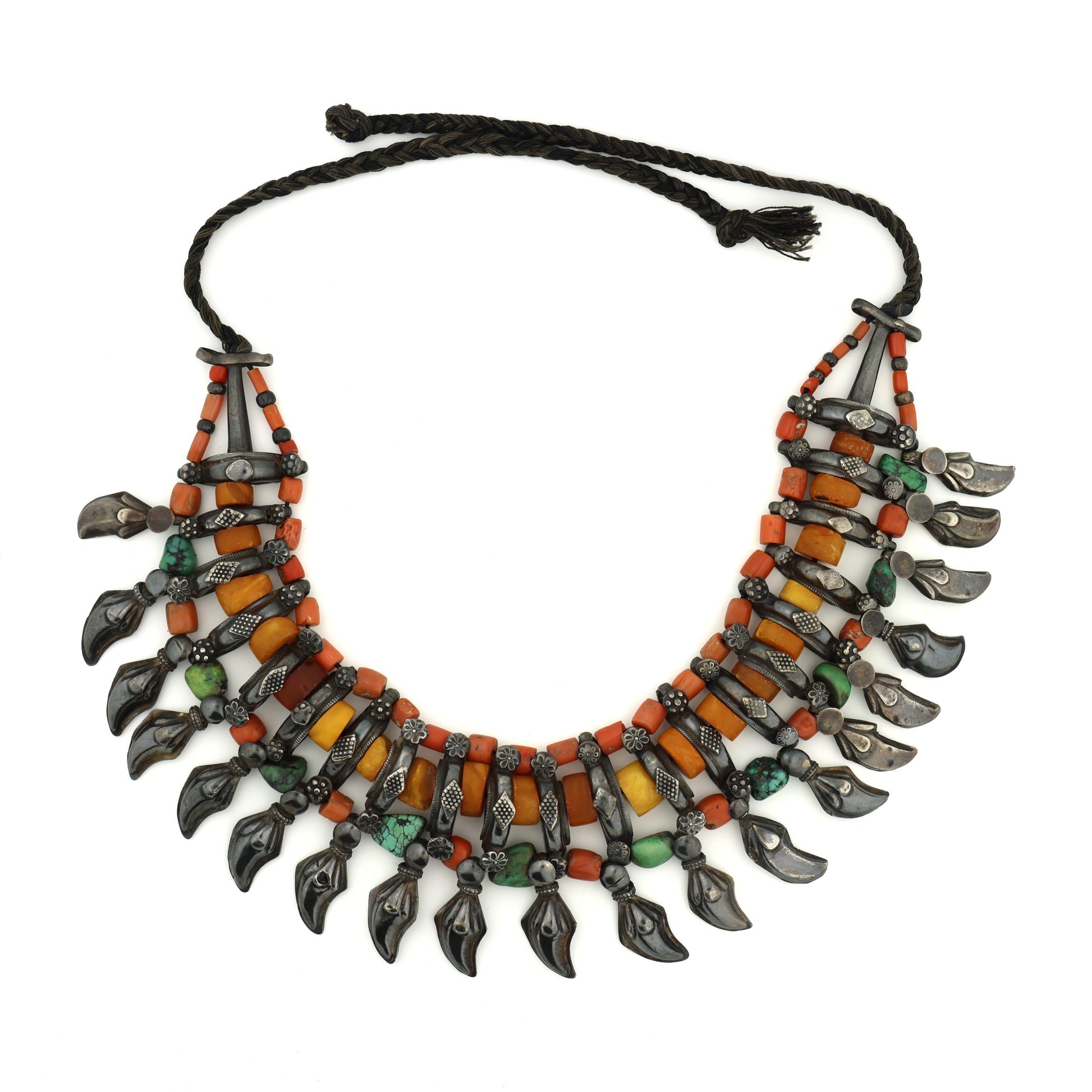 Antique Natural Untreated Butterscotch Amber Coral Turquoise Beads Silver Tribal Necklace