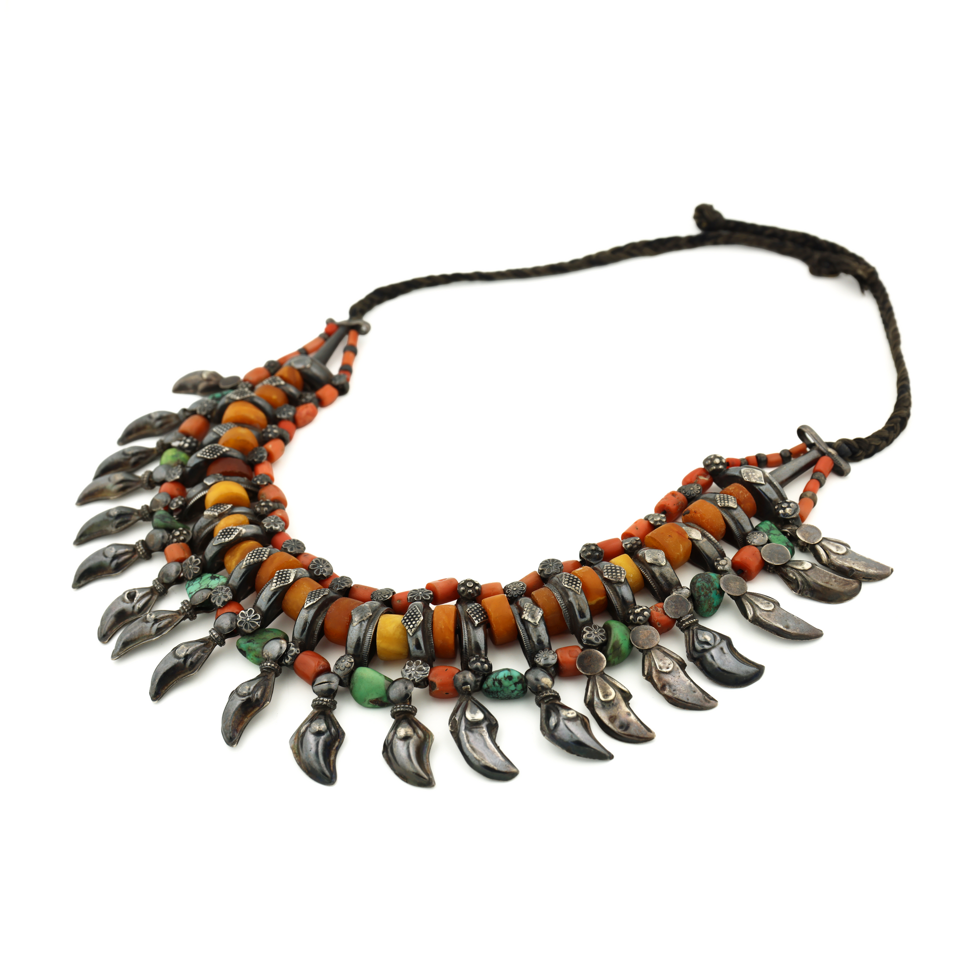Antique Natural Untreated Butterscotch Amber Coral Turquoise Beads Silver Tribal Necklace