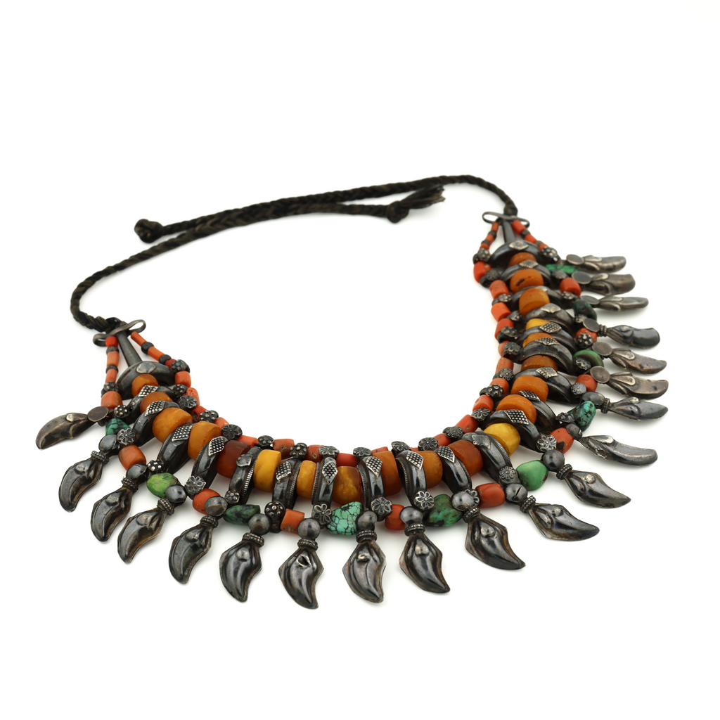Antique Natural Untreated Butterscotch Amber Coral Turquoise Beads Silver Tribal Necklace