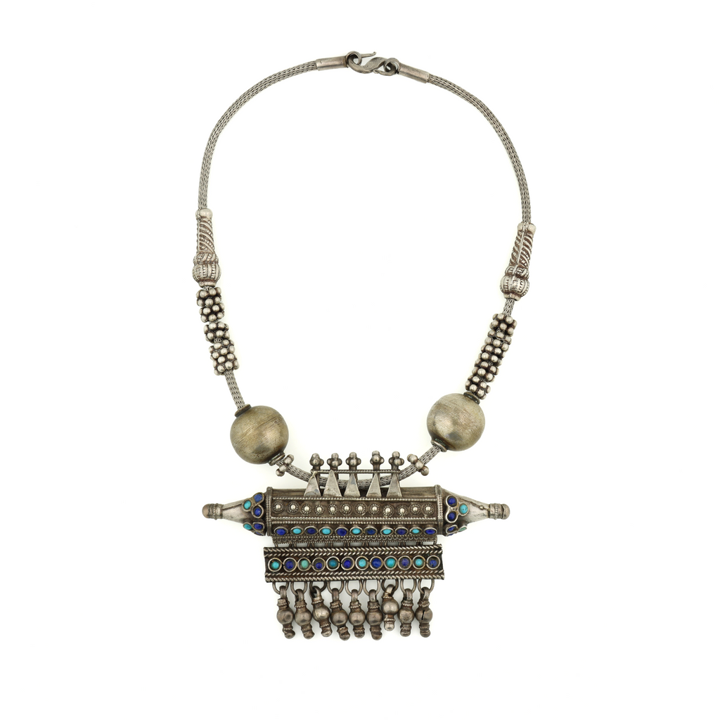 Antique Natural Untreated Turquoise Lapis Silver Tribal Necklace