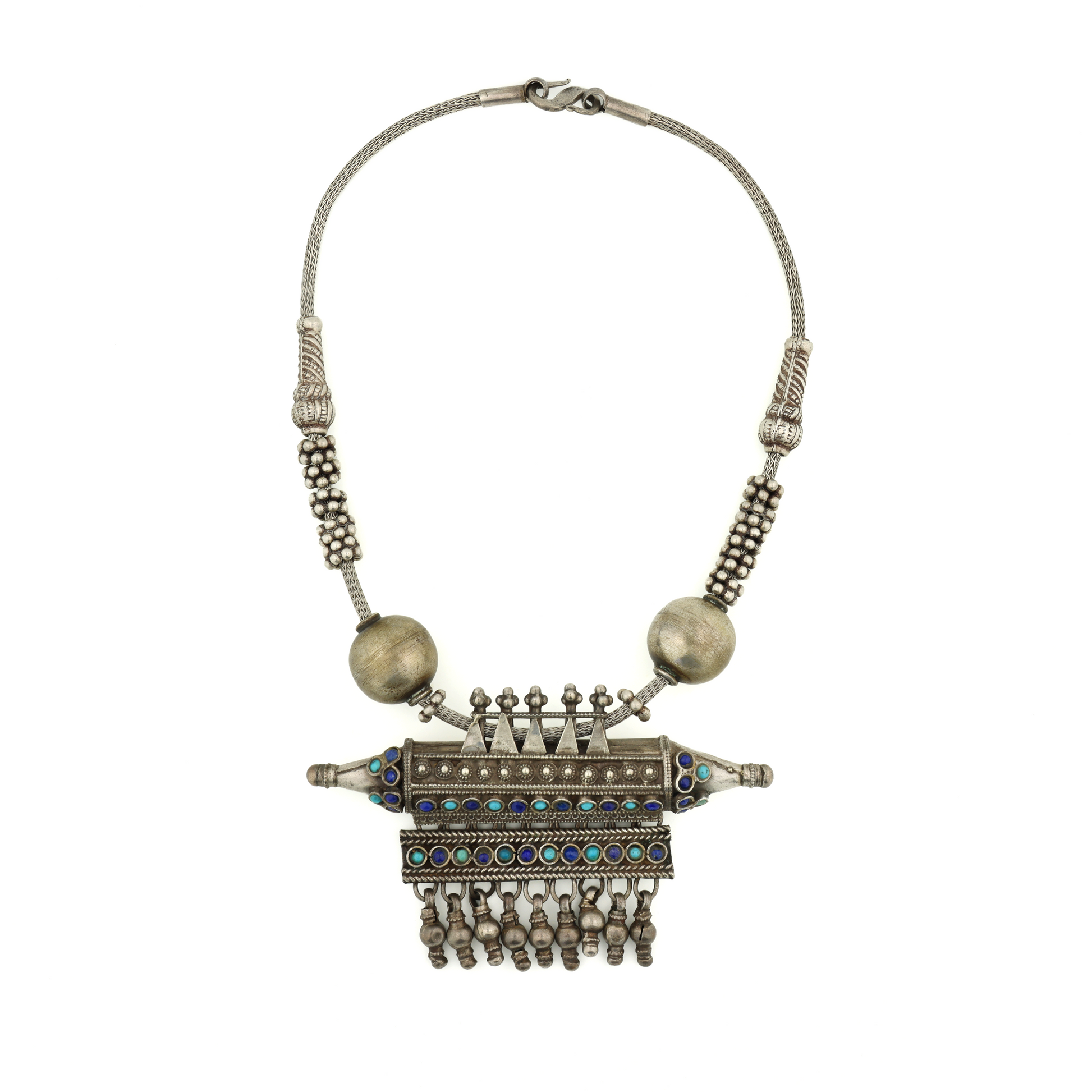 Antique Natural Untreated Turquoise Lapis Silver Tribal Necklace