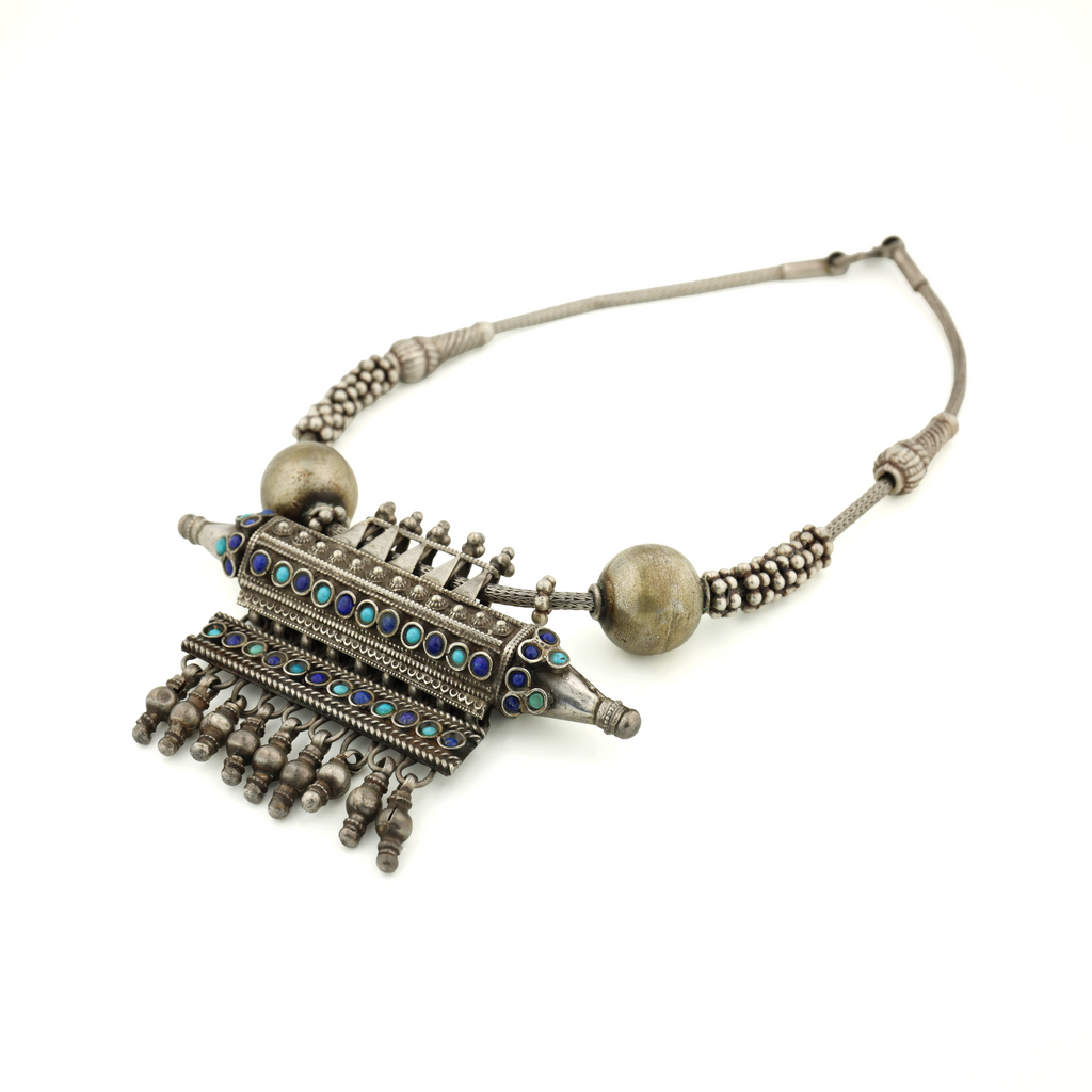 Antique Natural Untreated Turquoise Lapis Silver Tribal Necklace