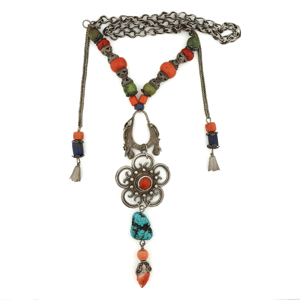 Antique Tibetan Natural Untreated Coral Turquoise Lapis Filigree Silver Necklace