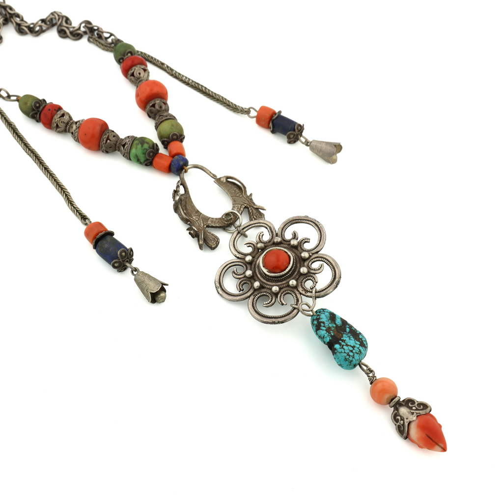 Antique Tibetan Natural Untreated Coral Turquoise Lapis Filigree Silver Necklace