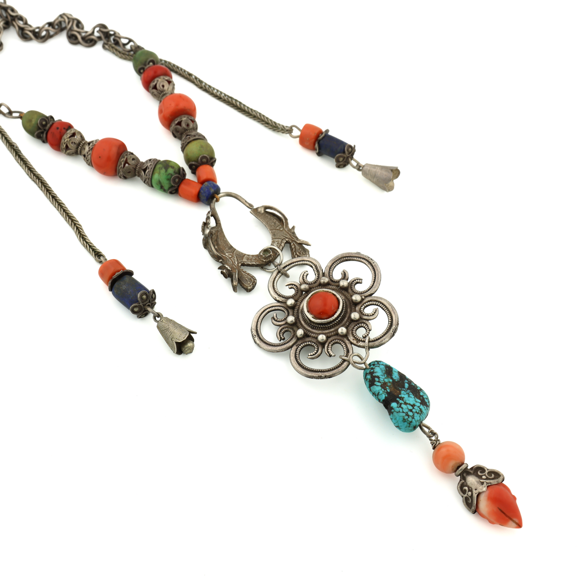 Antique Tibetan Natural Untreated Coral Turquoise Lapis Filigree Silver Necklace
