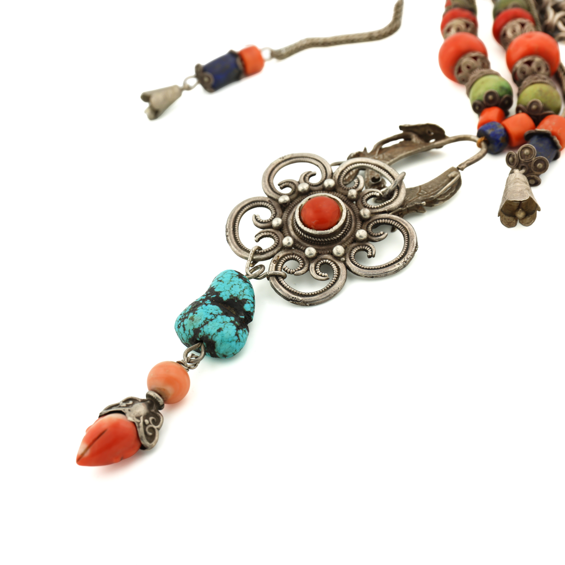 Antique Tibetan Natural Untreated Coral Turquoise Lapis Filigree Silver Necklace