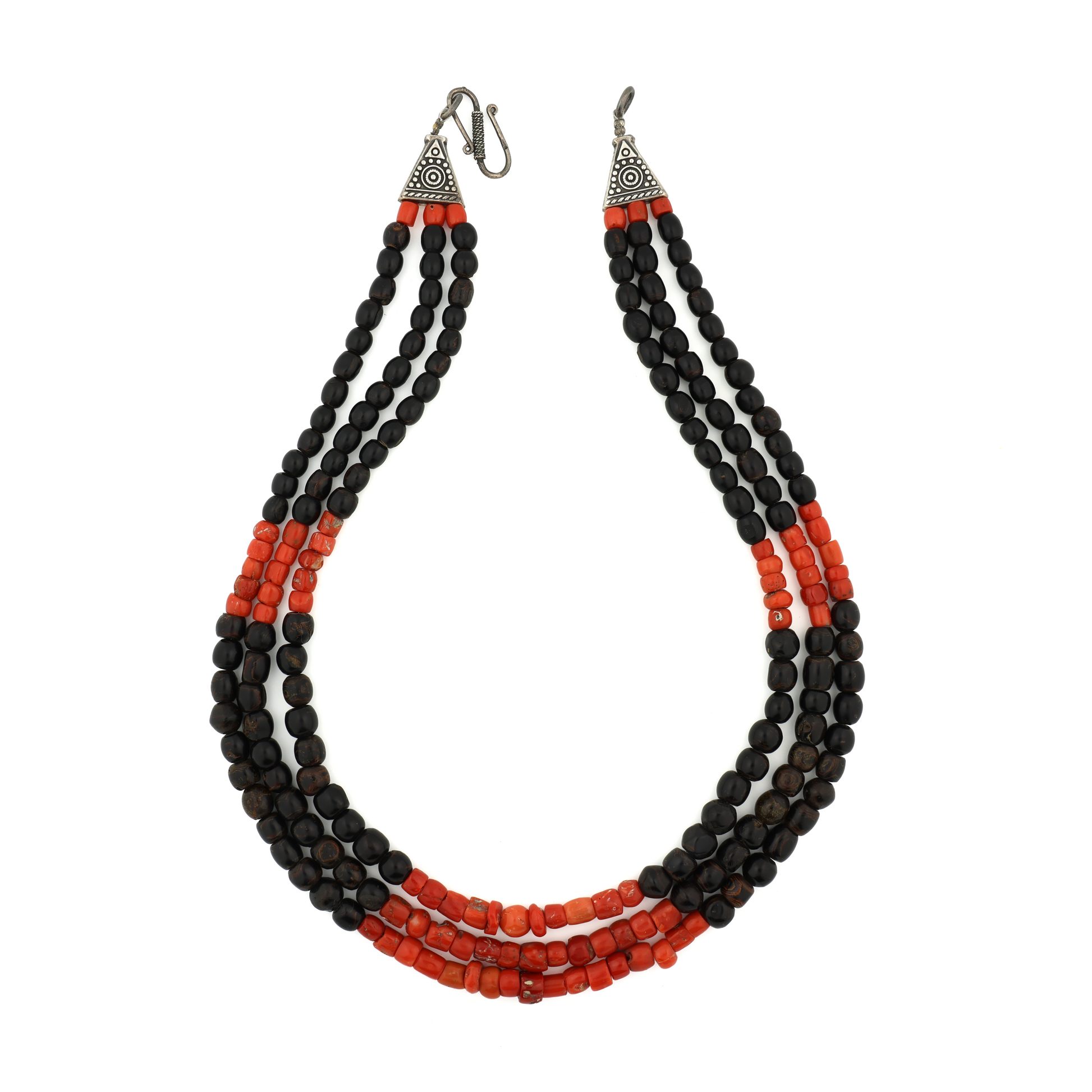 Rare Vintage Natural Untreated Black and Red Coral Silver Necklace