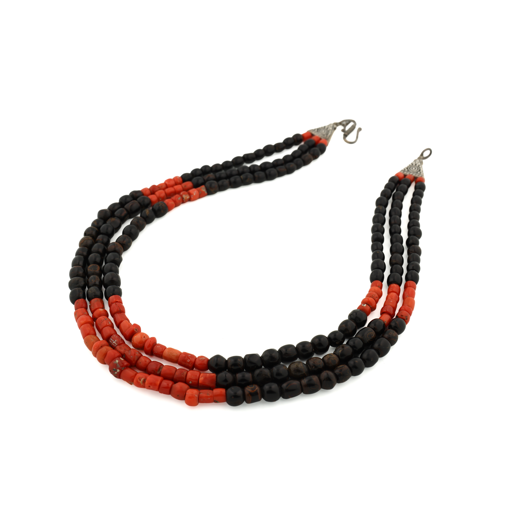 Rare Vintage Natural Untreated Black and Red Coral Silver Necklace