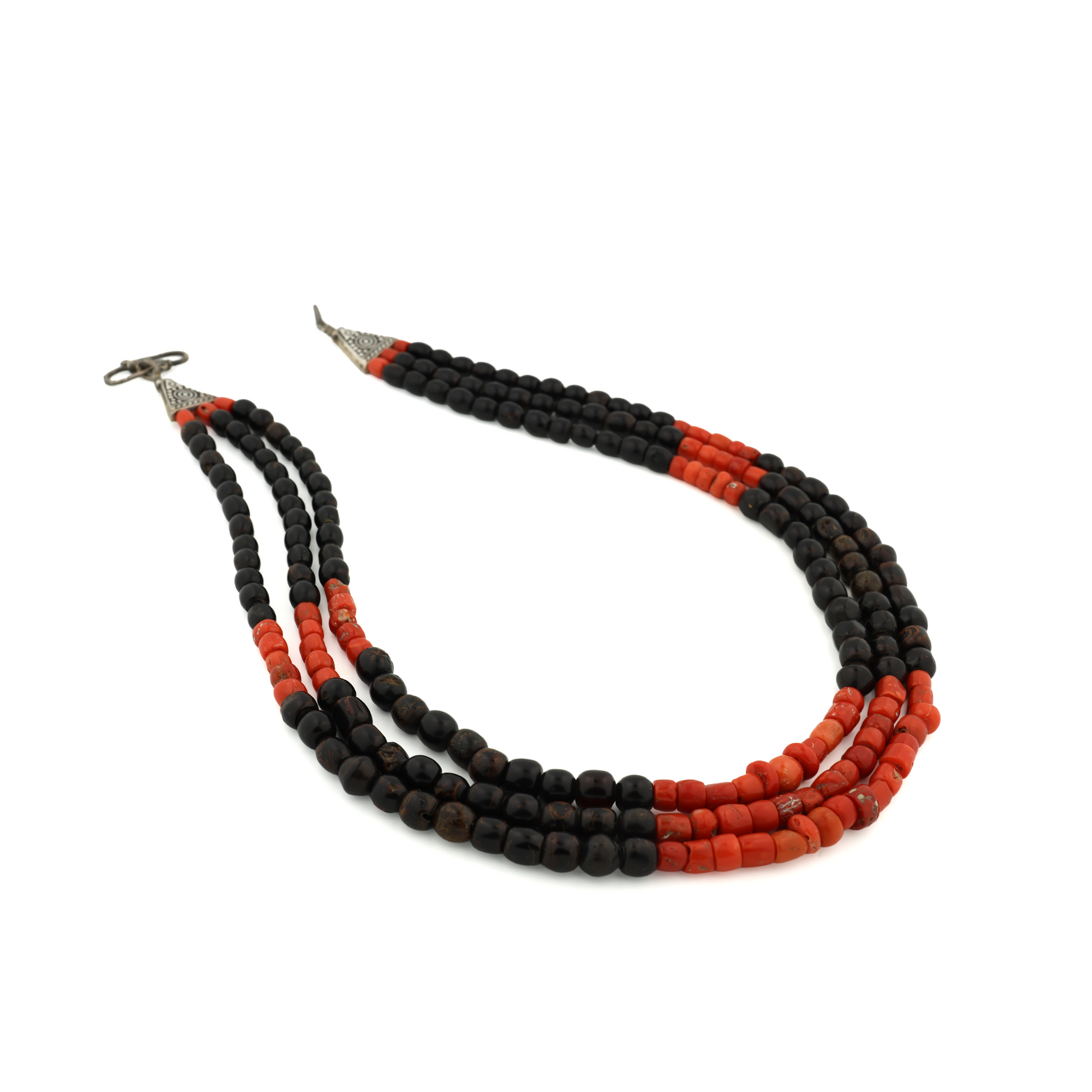 Rare Vintage Natural Untreated Black and Red Coral Silver Necklace