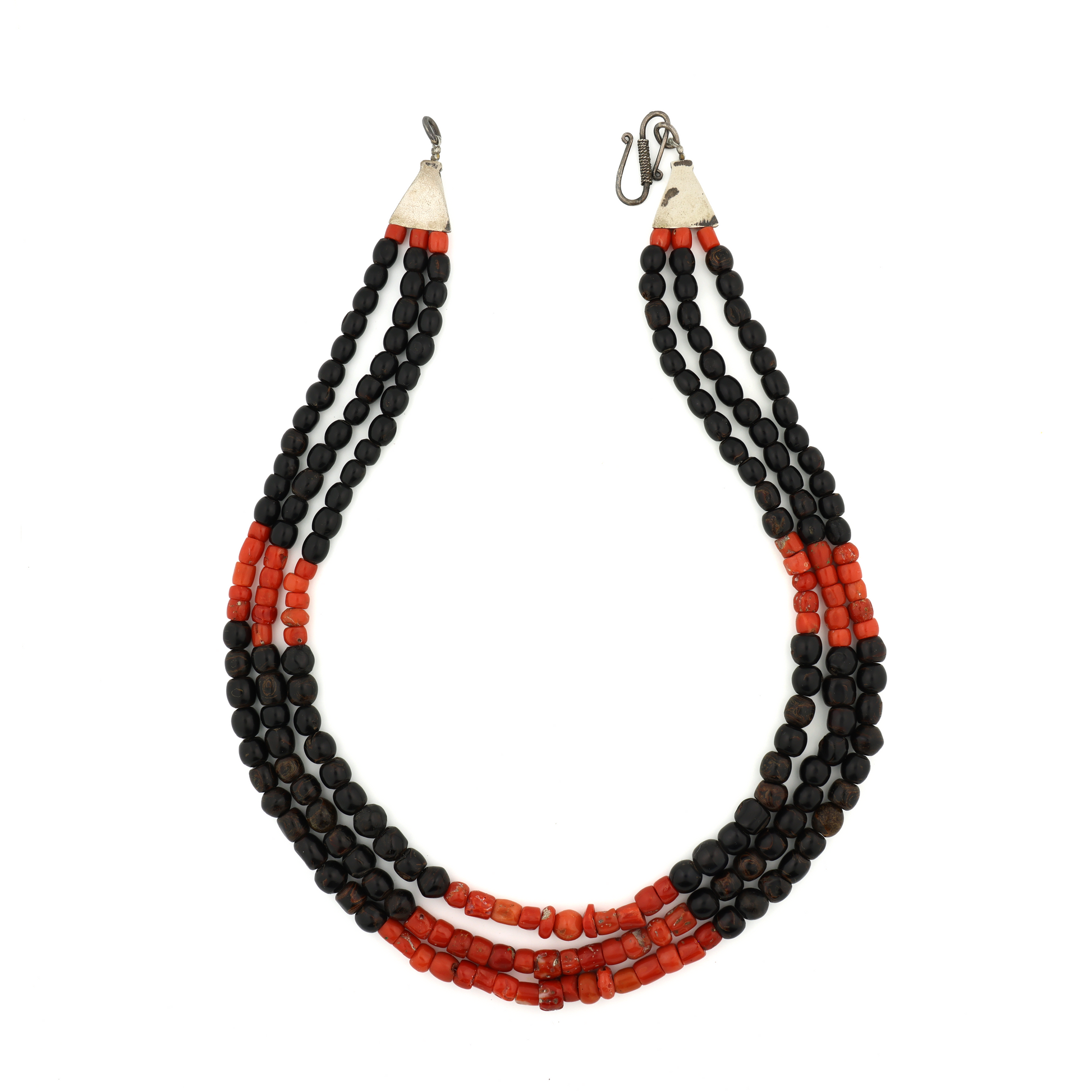 Rare Vintage Natural Untreated Black and Red Coral Silver Necklace