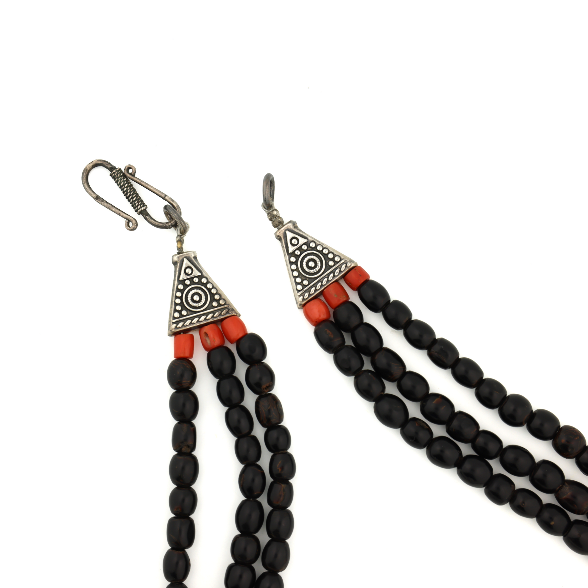 Rare Vintage Natural Untreated Black and Red Coral Silver Necklace