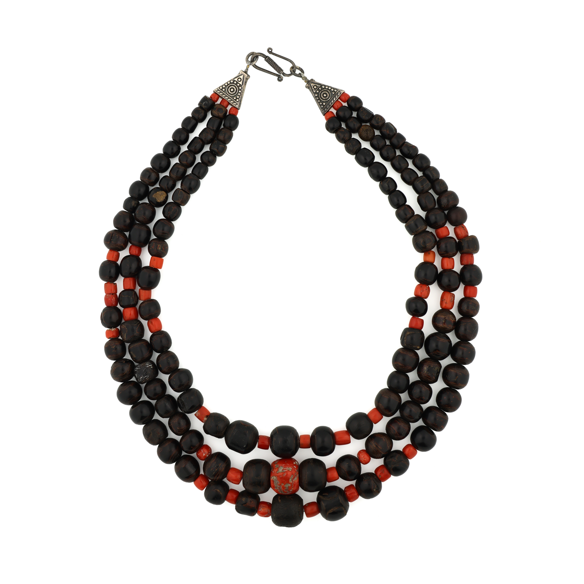 Rare Vintage Natural Untreated Black and Red Coral Silver Necklace