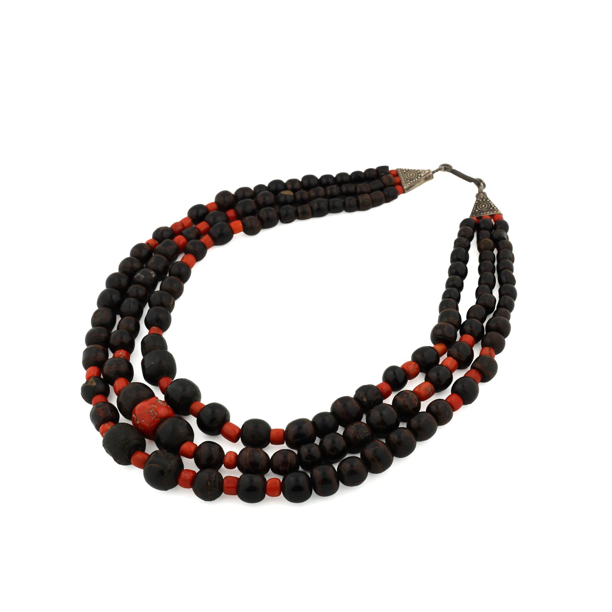Rare Vintage Natural Untreated Black and Red Coral Silver Necklace