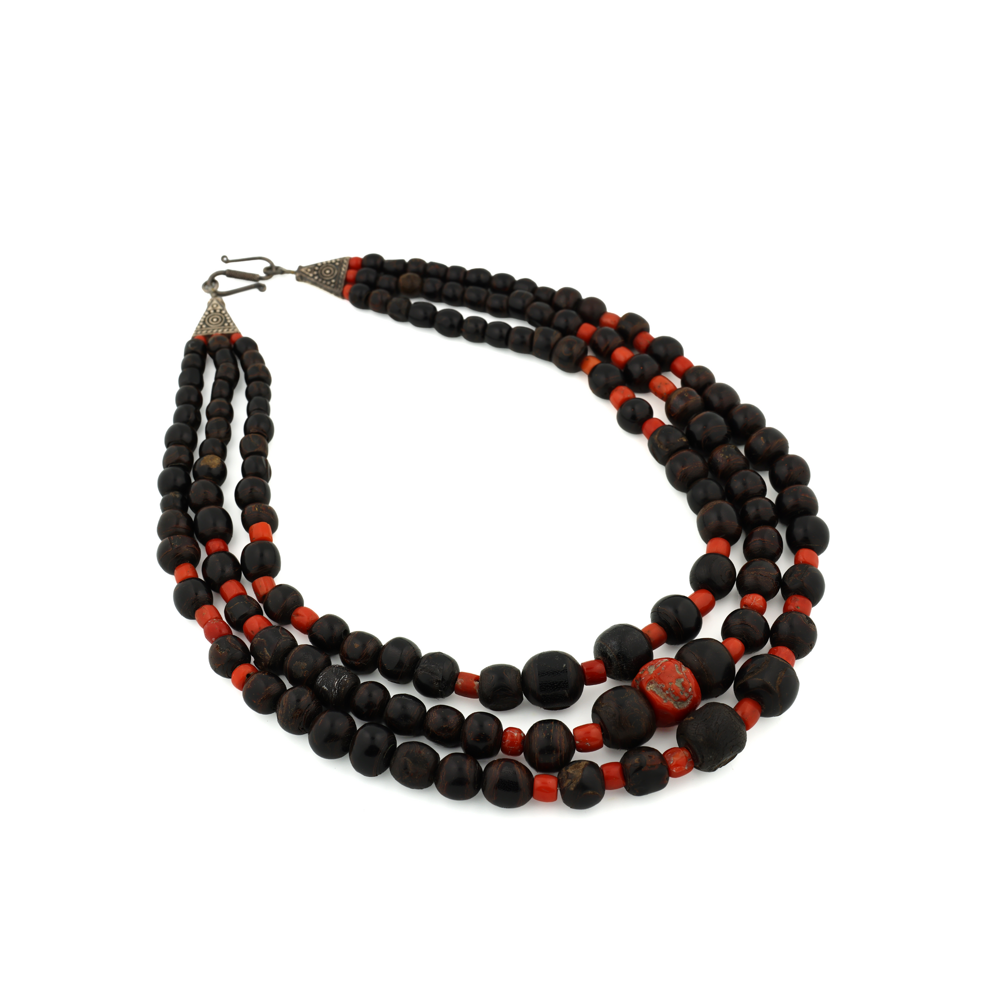 Rare Vintage Natural Untreated Black and Red Coral Silver Necklace