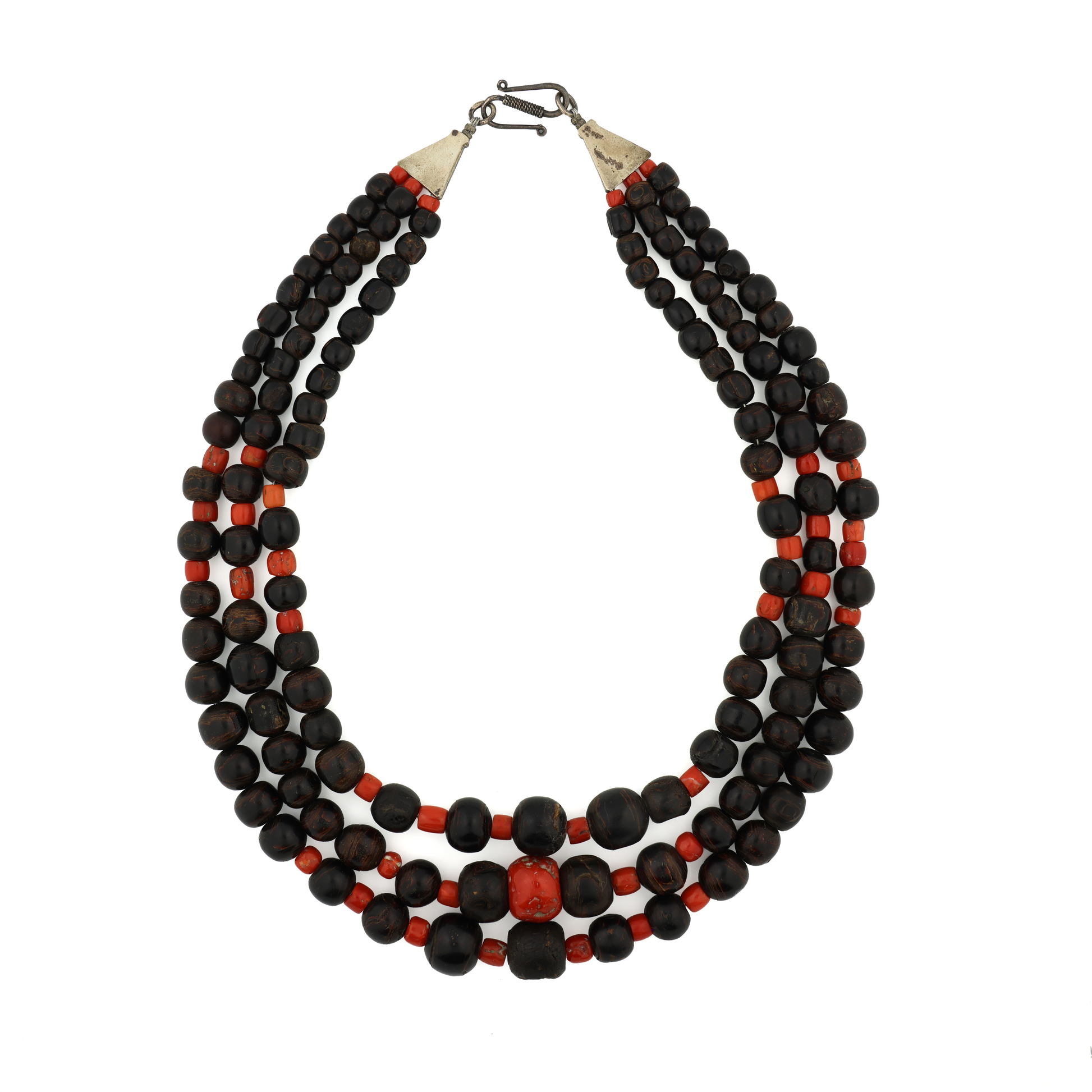 Rare Vintage Natural Untreated Black and Red Coral Silver Necklace