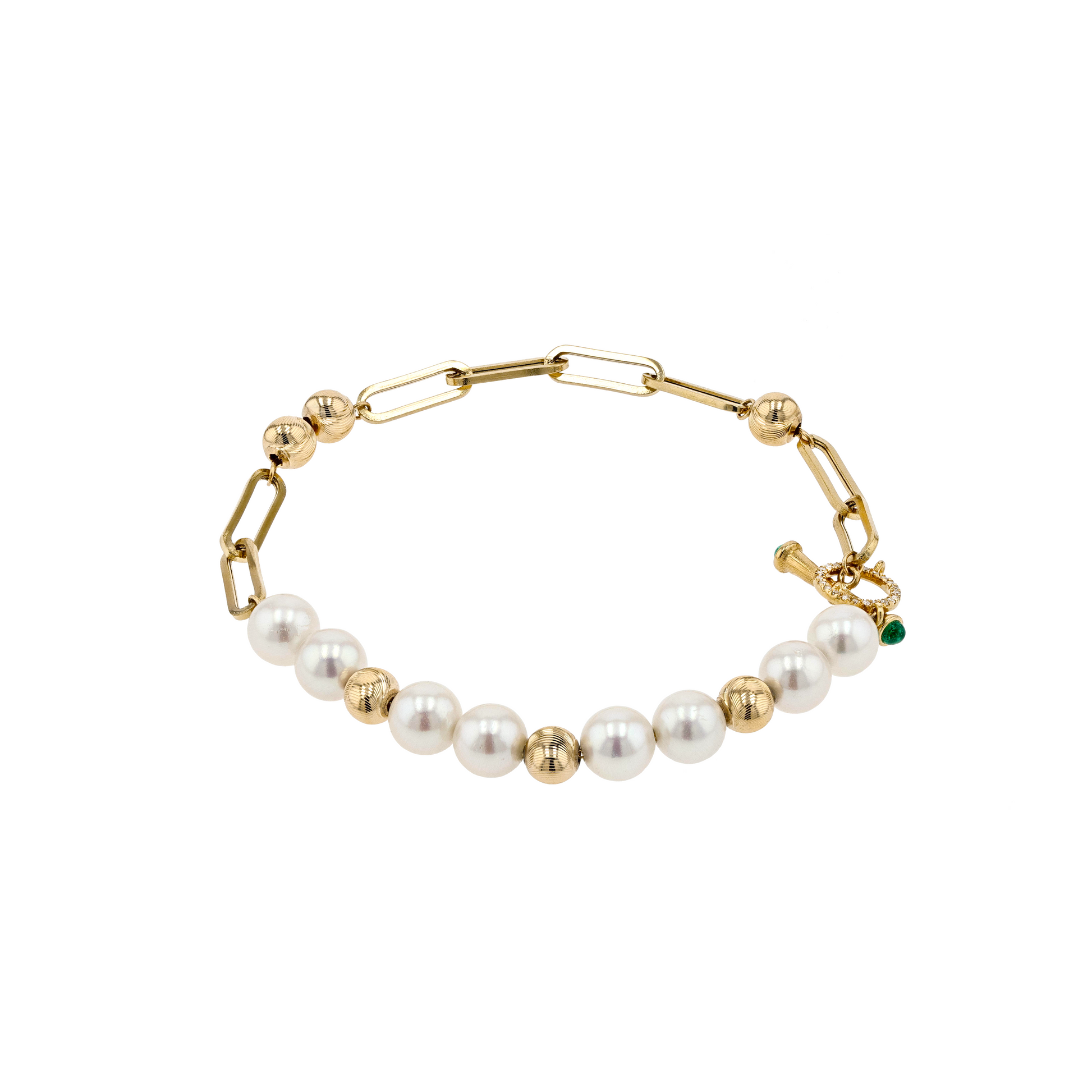 18K Solid Gold Akoya Pearl Natural Emerald Diamond Chain Bracelace