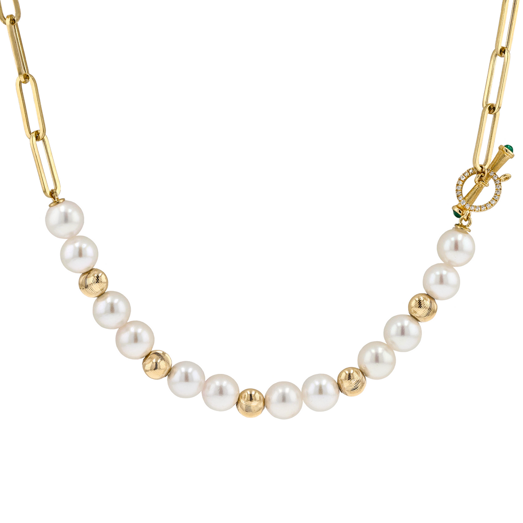 18K Solid Gold Akoya Pearl Natural Emerald Diamond Chain Necklace