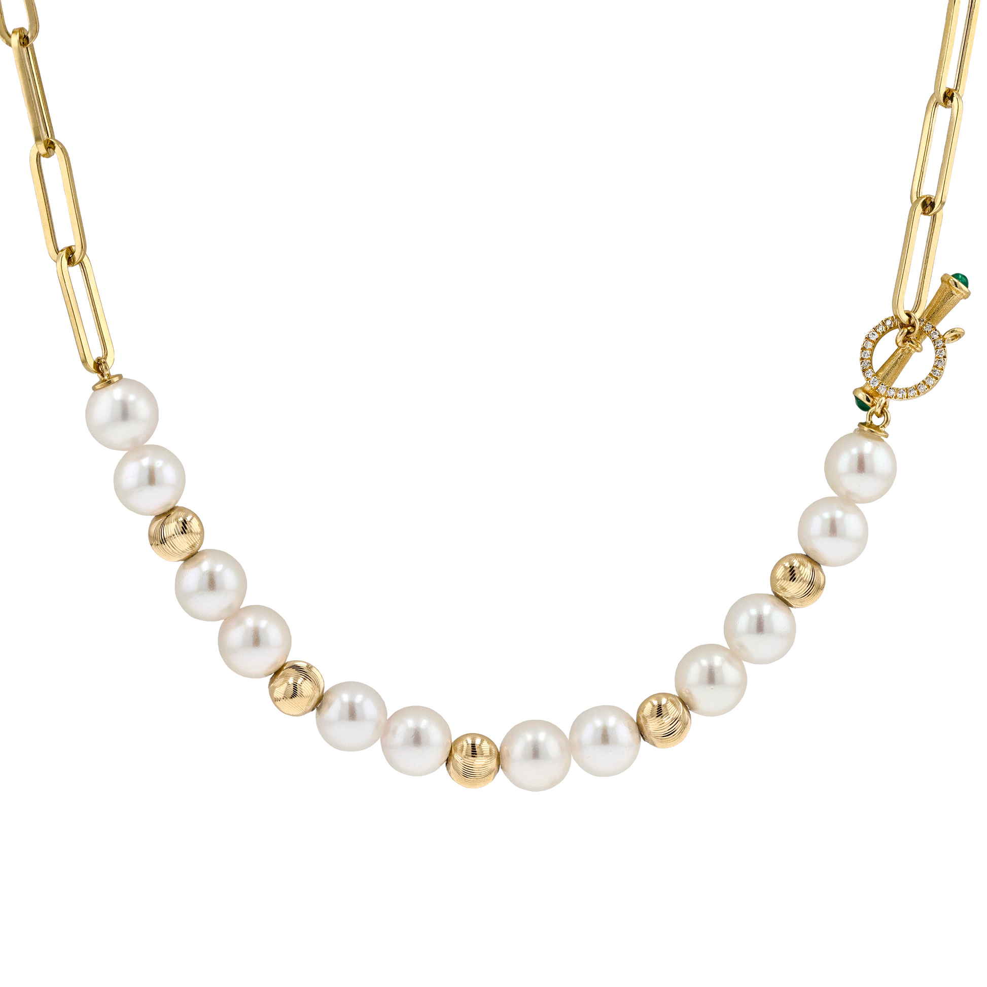 18K Solid Gold Akoya Pearl Natural Emerald Diamond Chain Necklace