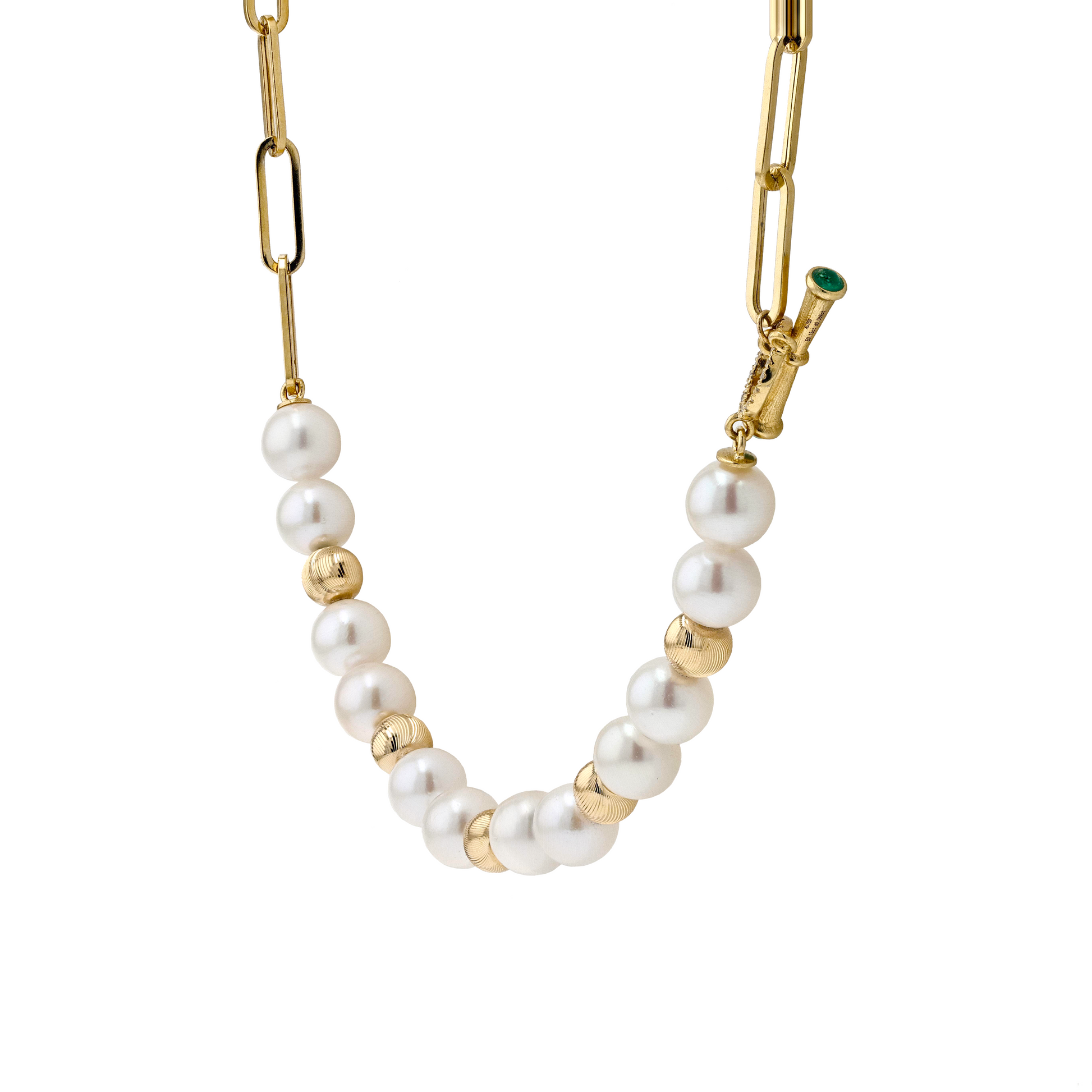 18K Solid Gold Akoya Pearl Natural Emerald Diamond Chain Necklace