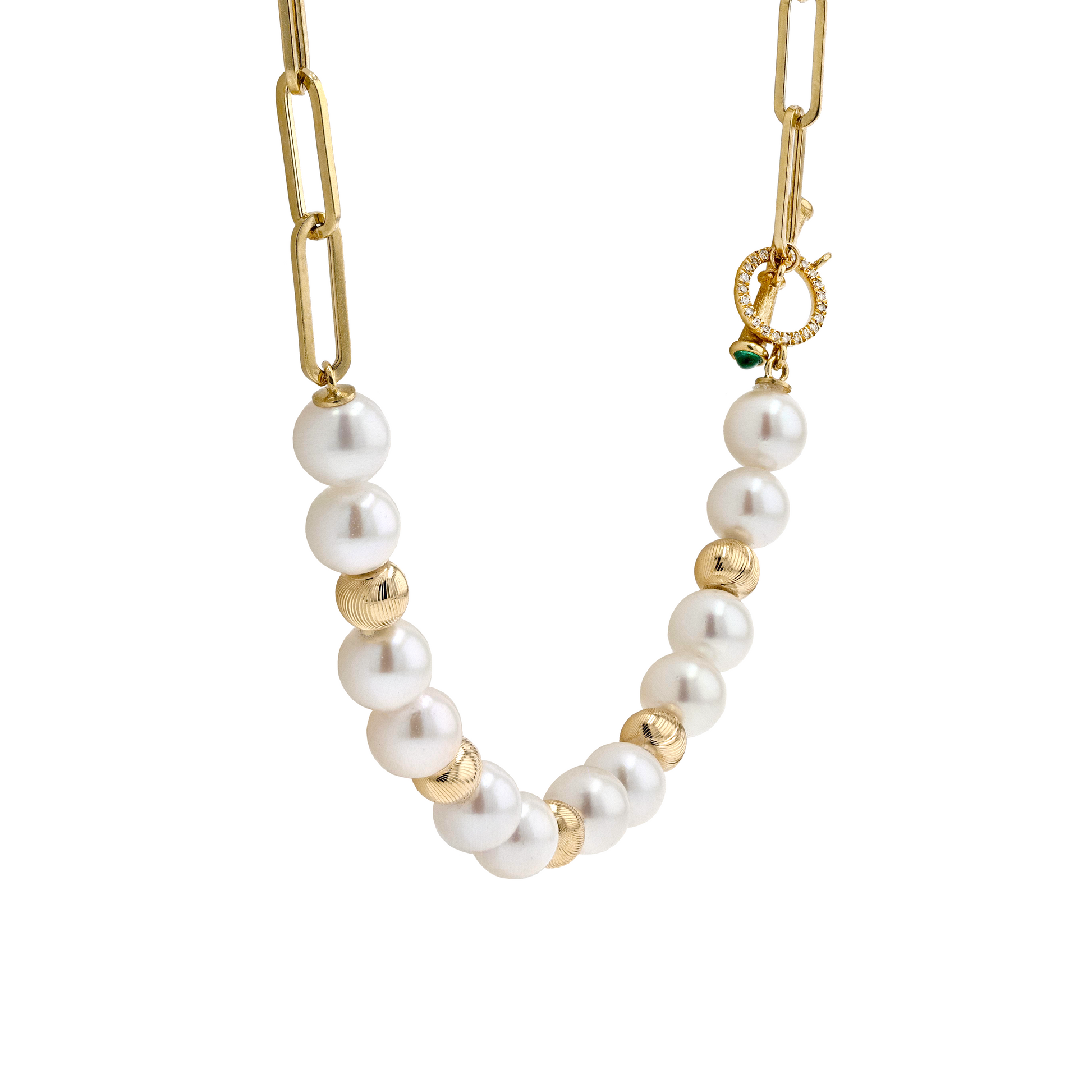 18K Solid Gold Akoya Pearl Natural Emerald Diamond Chain Necklace