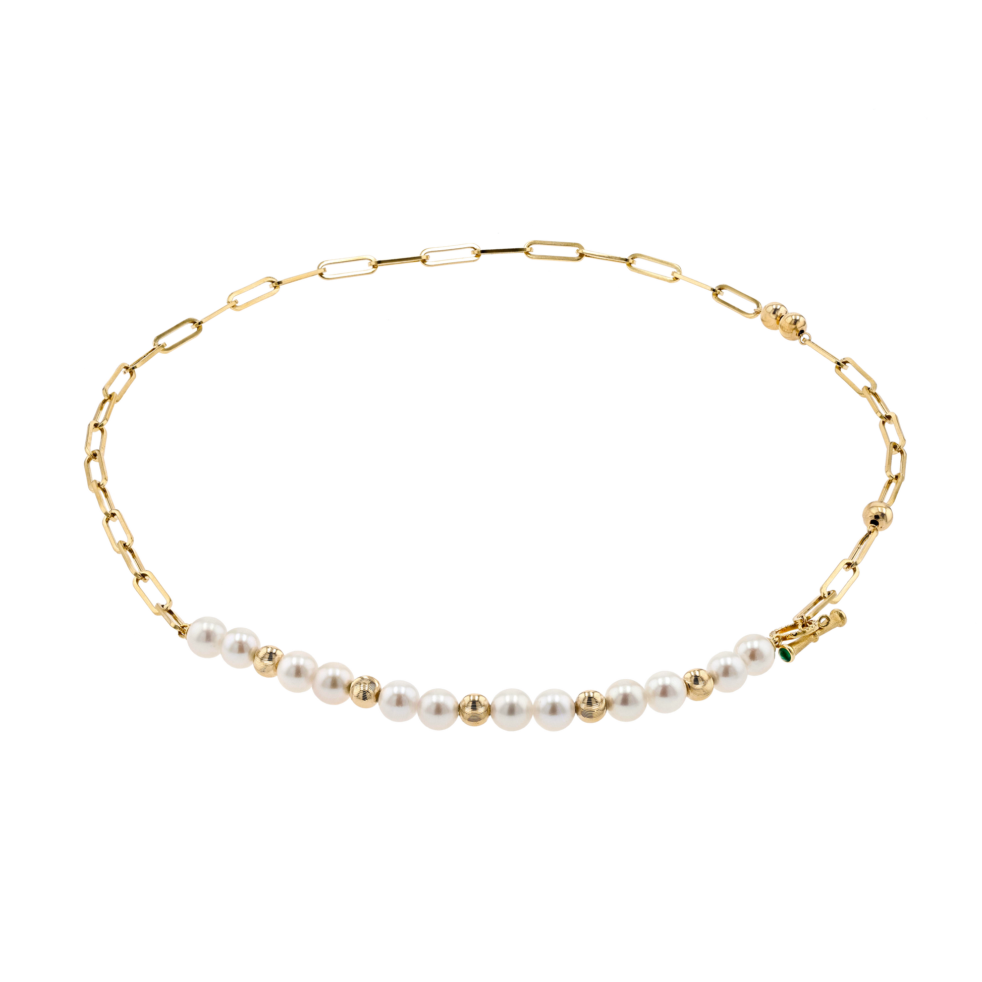 18K Solid Gold Akoya Pearl Natural Emerald Diamond Chain Necklace
