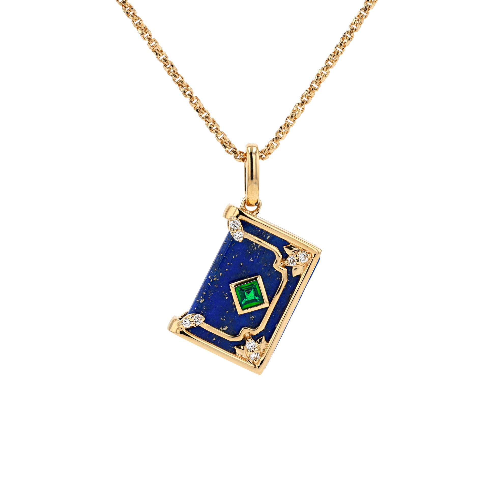 18K solid Yellow Gold Natural Emerald Diamond Lapis MAGIC BOOK Pendant