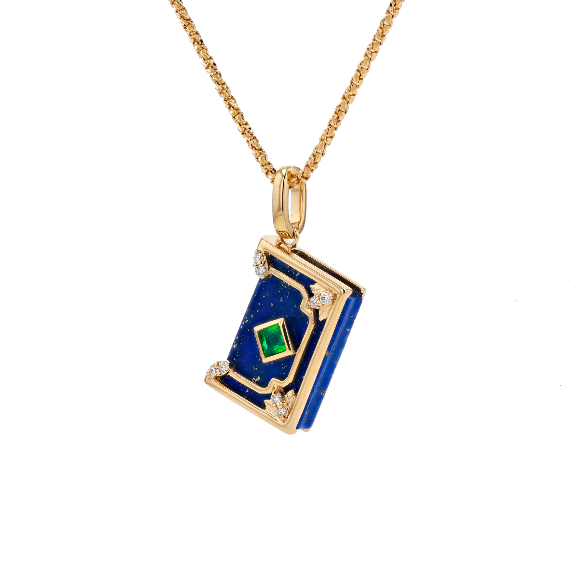 18K solid Yellow Gold Natural Emerald Diamond Lapis MAGIC BOOK Pendant