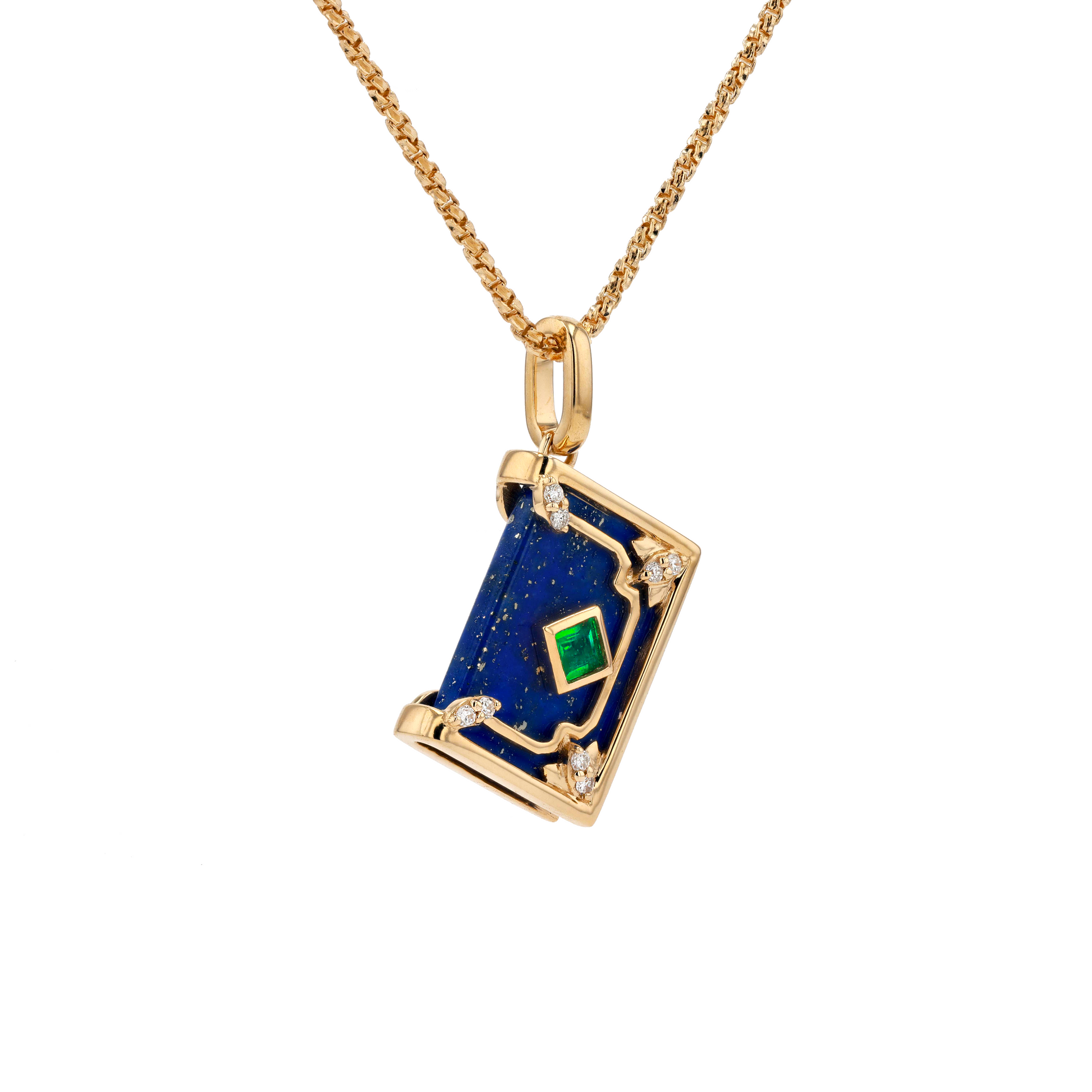 18K solid Yellow Gold Natural Emerald Diamond Lapis MAGIC BOOK Pendant