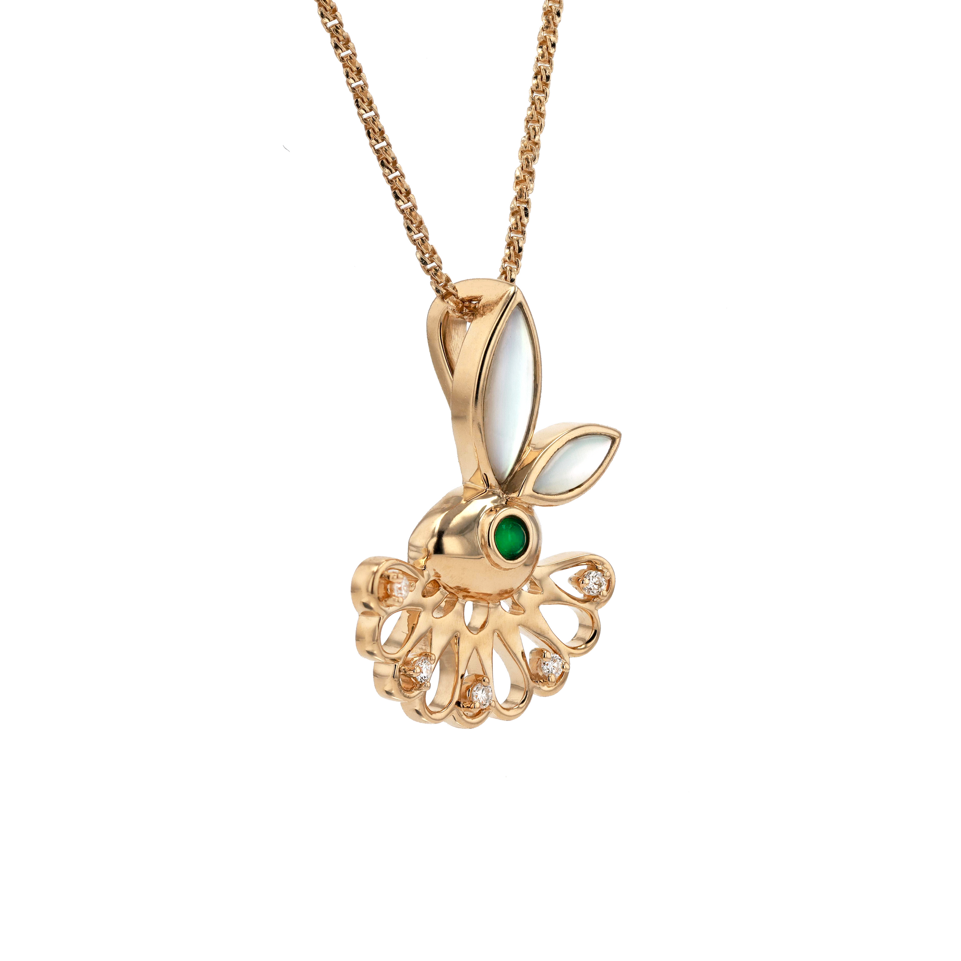 18K Solid Yellow Gold Natural Emerald Diamond Shell RABBIT Pendant