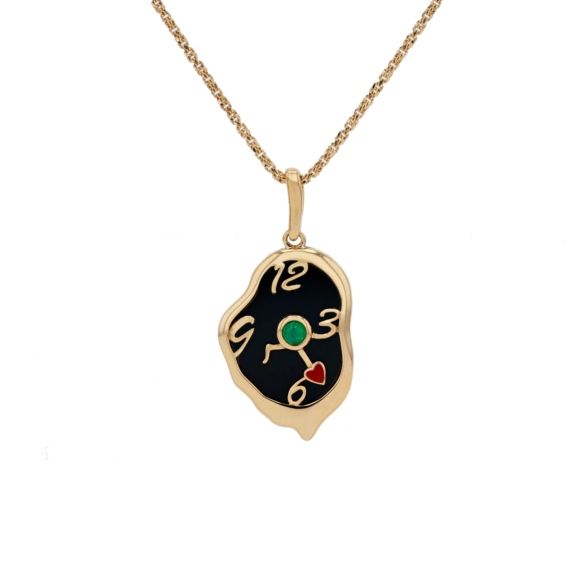 18K Solid Yellow Gold Natural Emerald Black Onyx TWISTING CLOCK Pendant