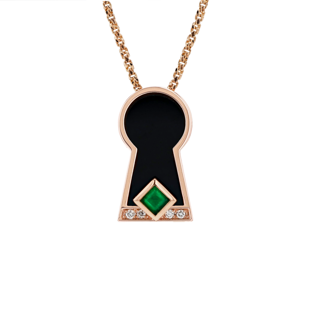 18K Solid Rose Gold Natural Emerald Diamond Black Onyx KEYHOLE Pendant